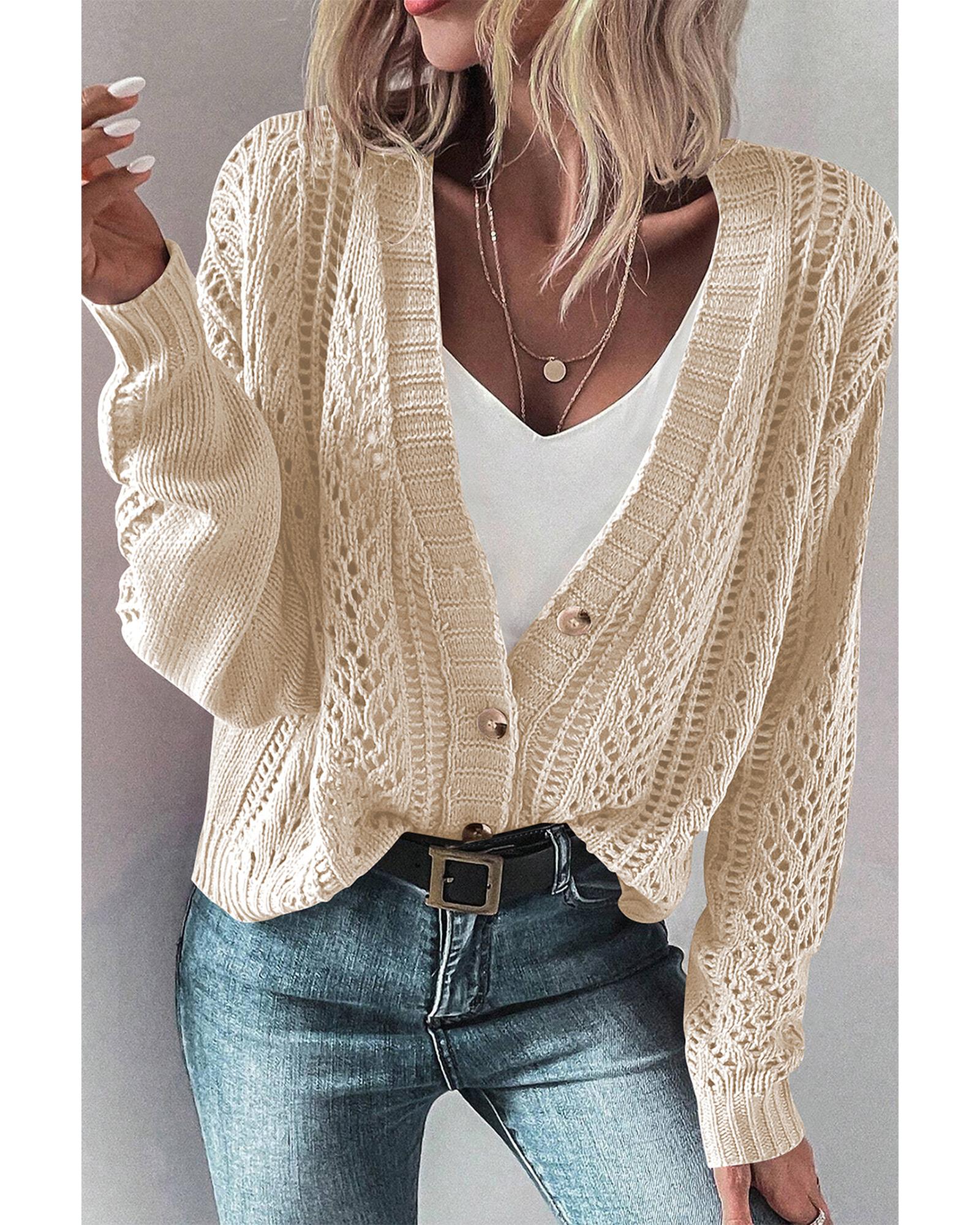V539-AZEXDC2711785-P15-S-202506132127-00 Beige Open Knit Drop Shoulder Sweater Cardigan - S - Image 1
