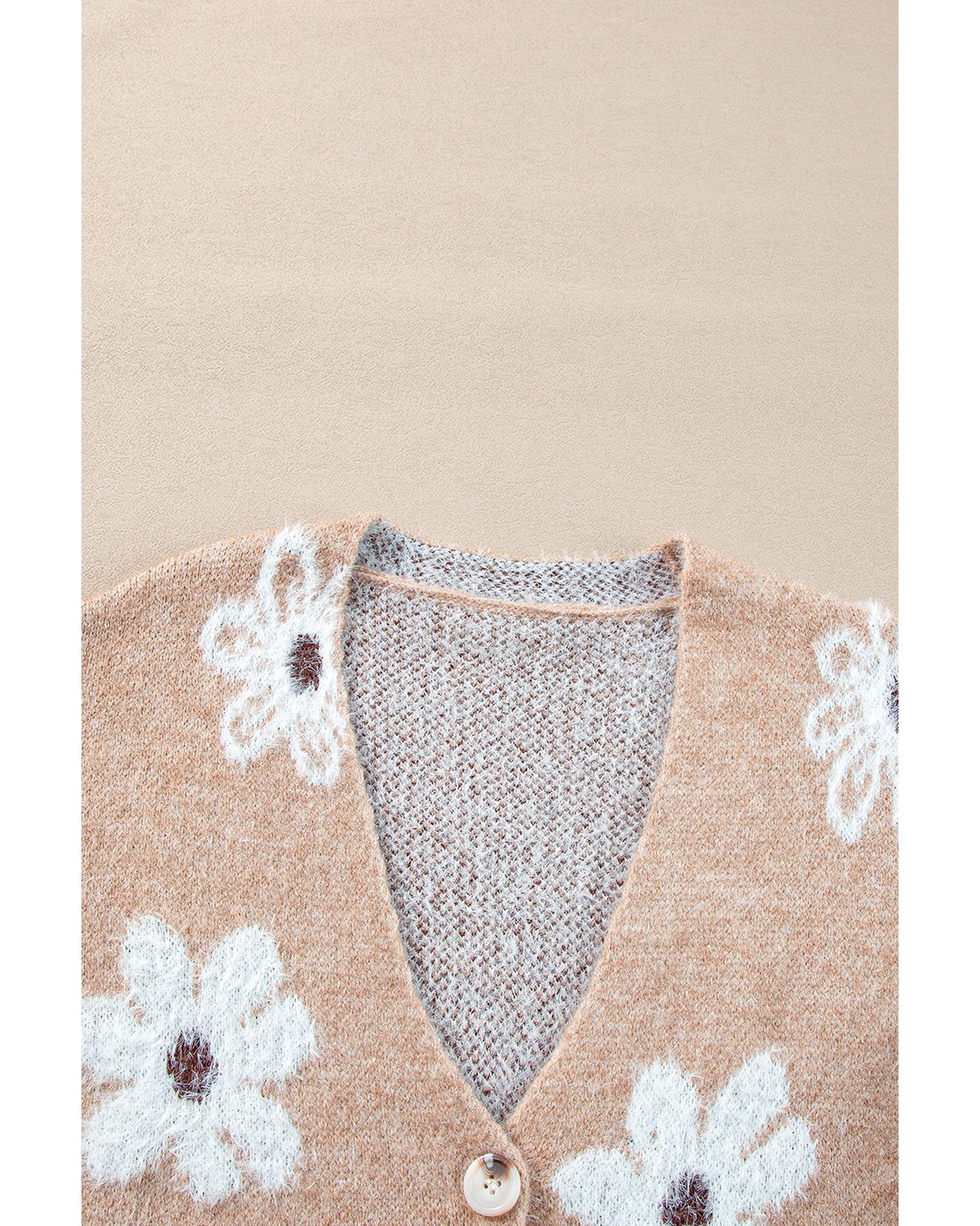 V539-AZEXDC2711869-P7016-L-202506132211-00 Smoke Gray Floral Print V Neck Knitted Button up Cardigan - L - Image 1