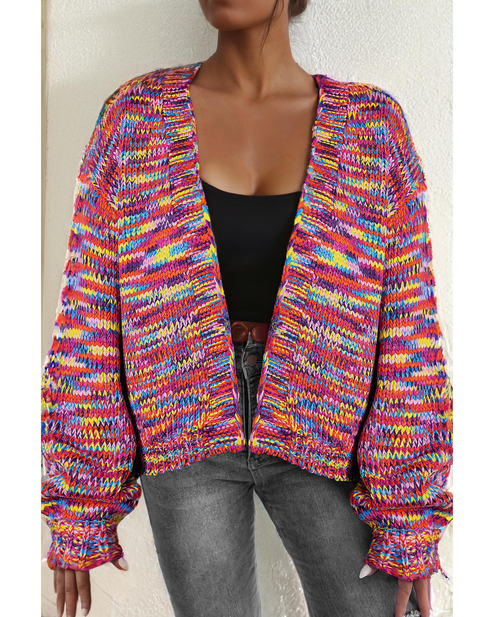 V539-AZEXDC2711877-P1022-L-202508291955-00 Pink Confetti Drop Shoulder Open Front Cardigan - L - Image 1
