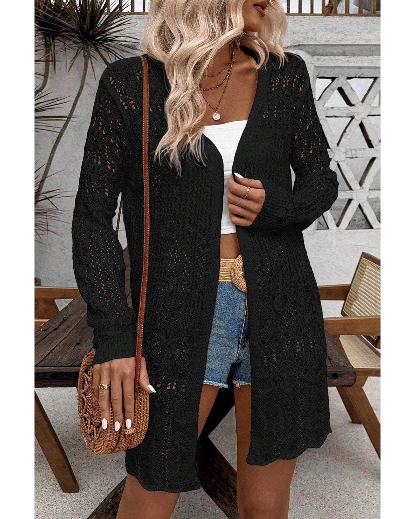 V539-AZEXDC2711893-P2-M-202508290015-00 Black Crochet Hollow Out Open Front Cardigan - M - Image 1