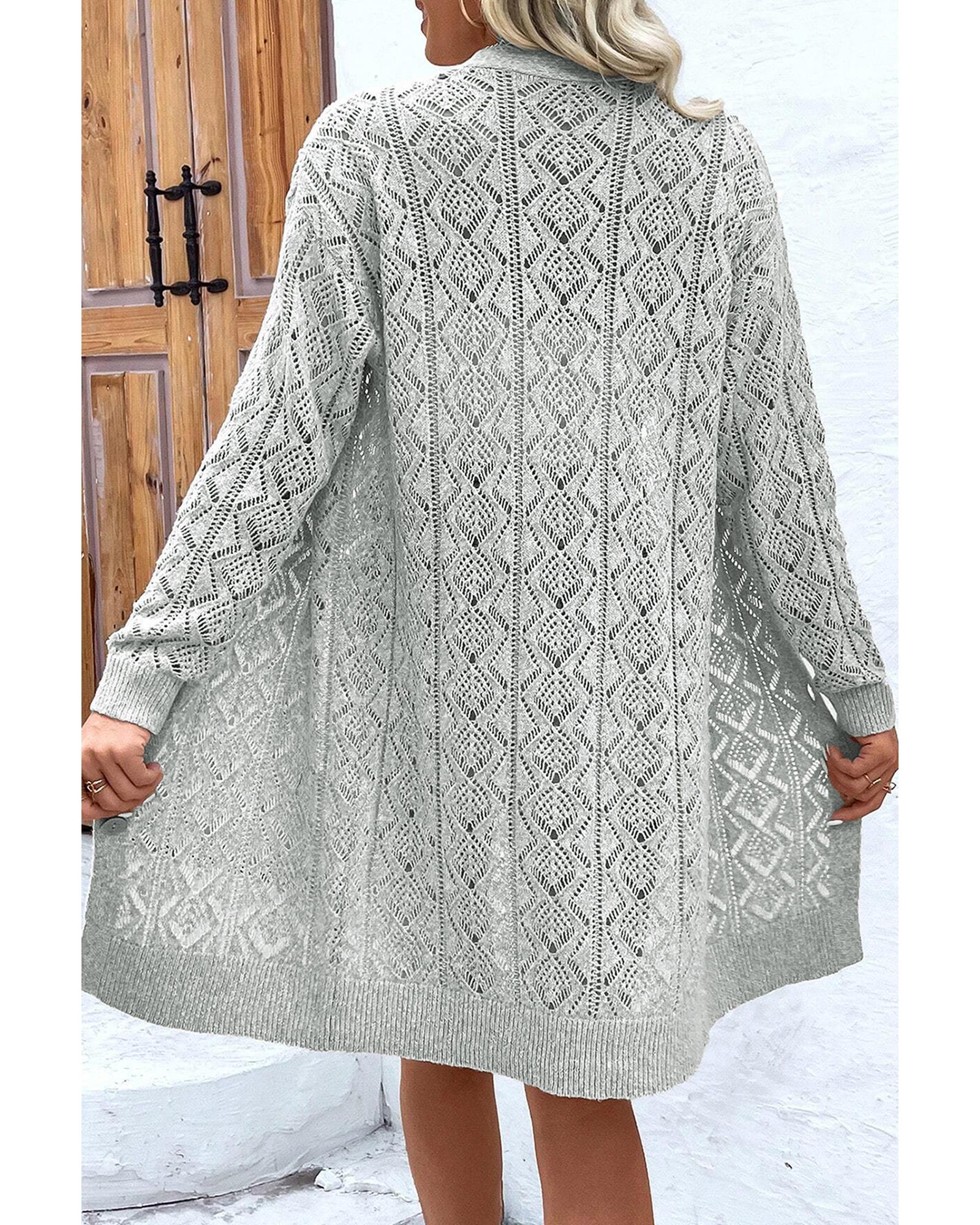 V539-AZEXDC2711894-P11-L-202508291415-00 Gray Hollow Out Buttons Front Long Cardigan - L - Image 1