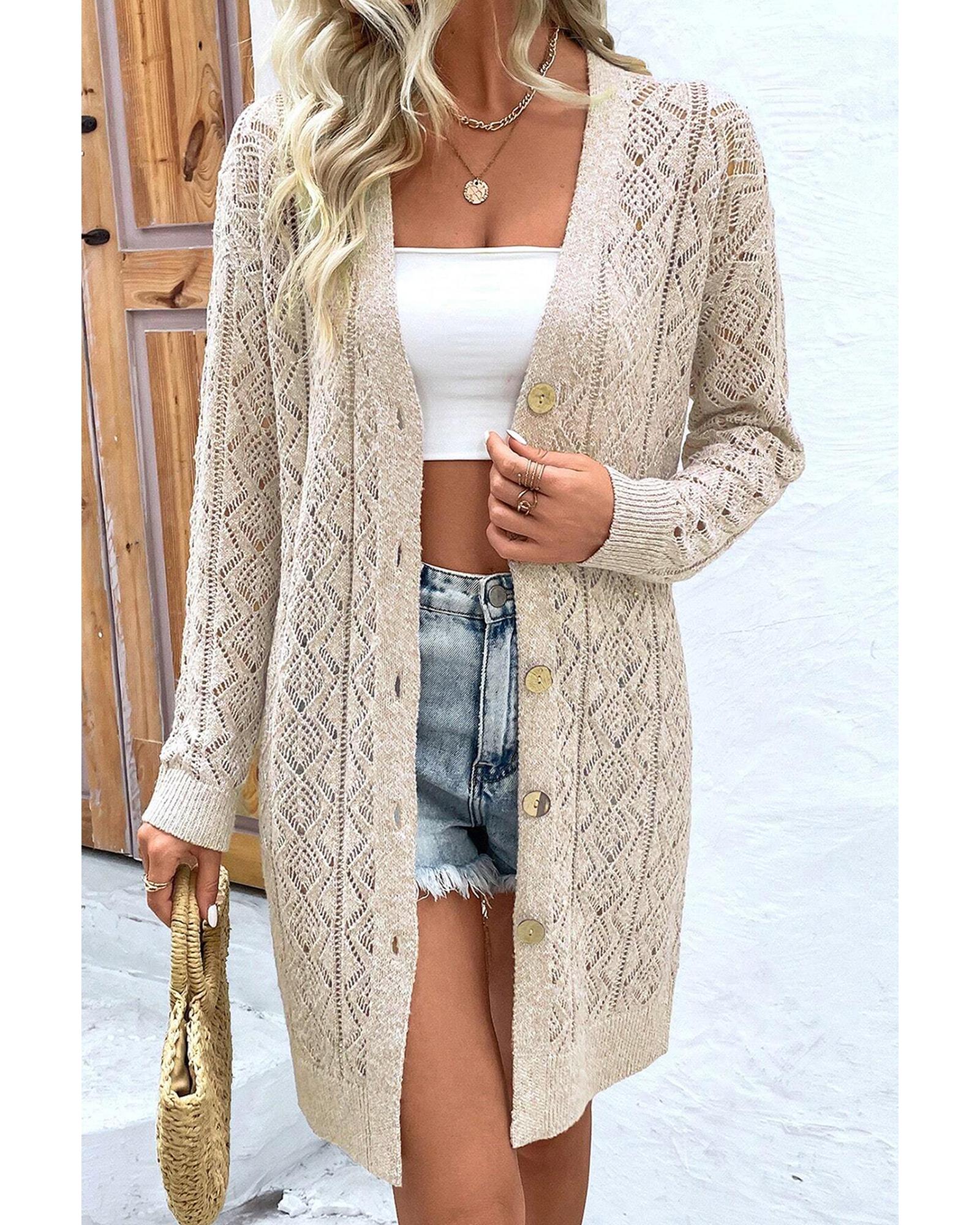 V539-AZEXDC2711894-P6016-XL-202508300045-00 Parchment Hollow Out Buttons Front Long Cardigan - XL - Image 1