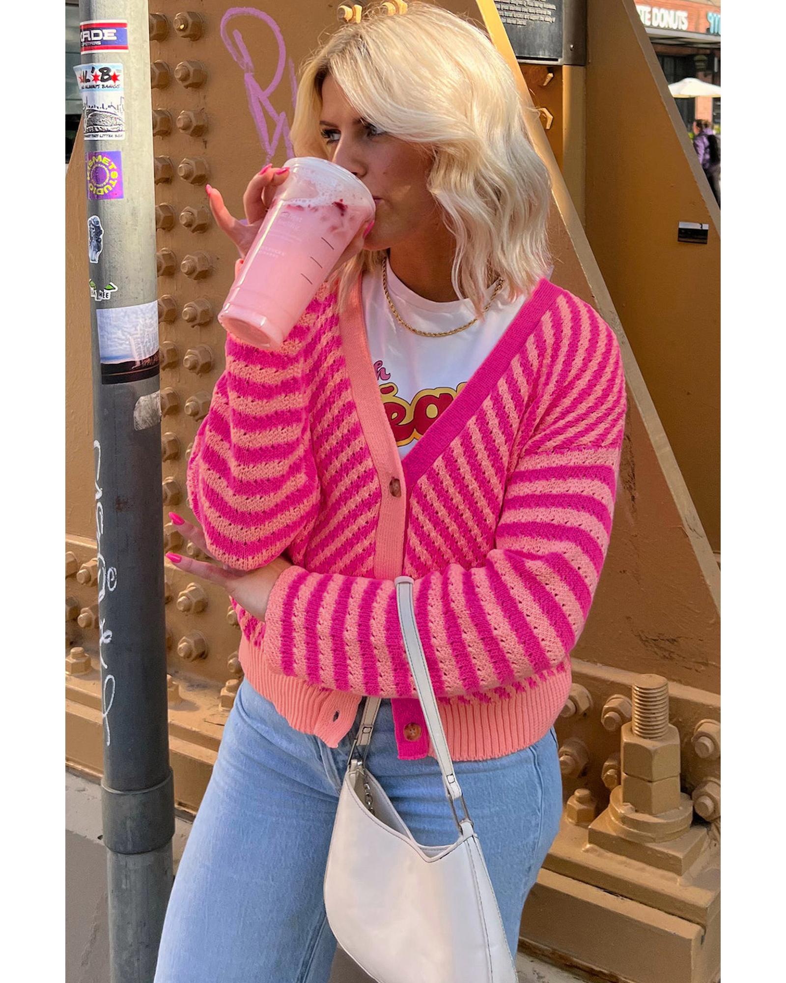 V539-AZEXDC2712003-P1022-S-202506131915-00 Pink Striped Buttoned V Neck Drop Shoulder Cardigan - S - Image 1