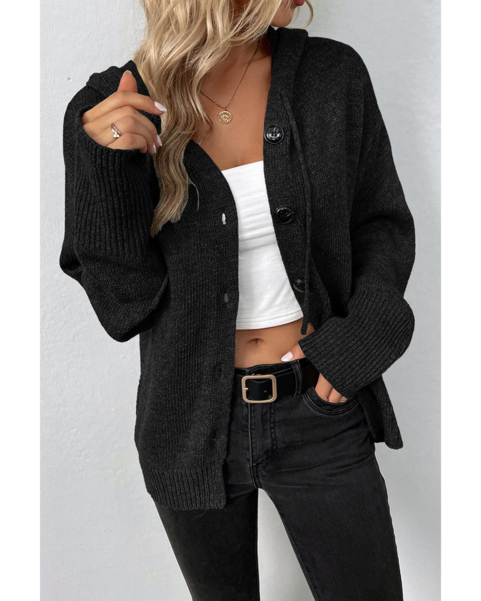 V539-AZEXDC2712109-P2-S-202506131922-00 Black Drawstring Hooded Button Up Drop Shoulder Sweater Cardigan - S - Image 1