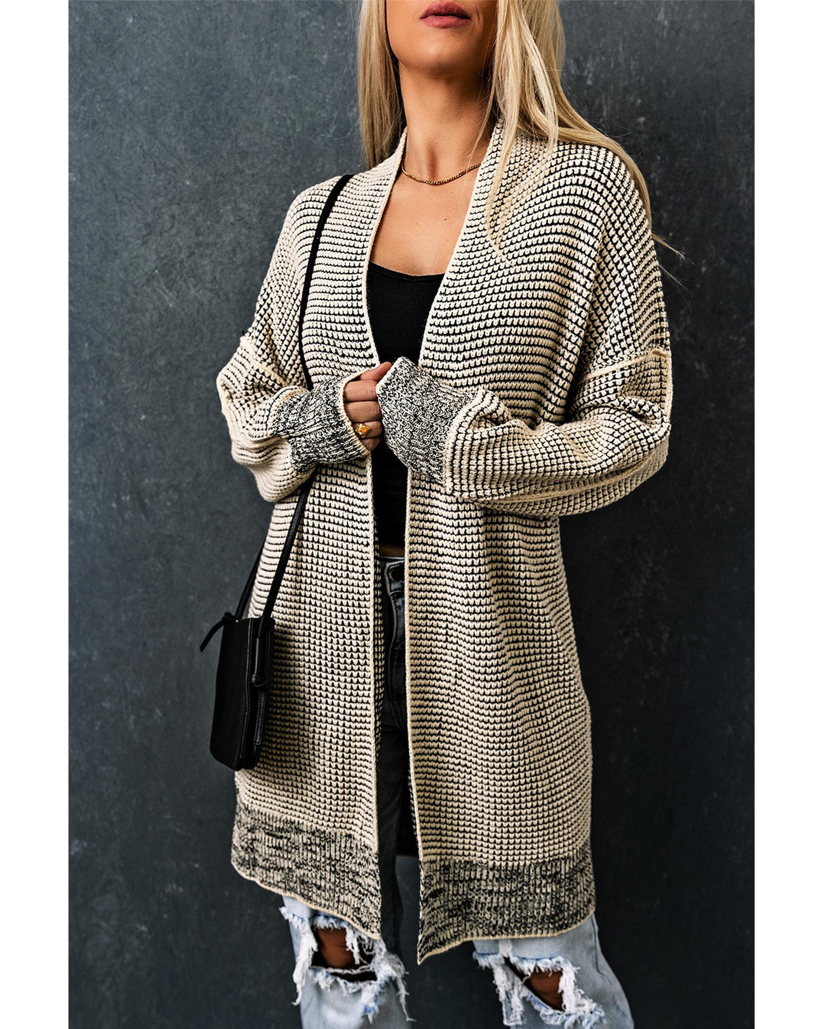V539-AZEXDC271468-18-S-202506131932-00 Apricot Plaid Knitted Long Open Front Cardigan - S - Image 1