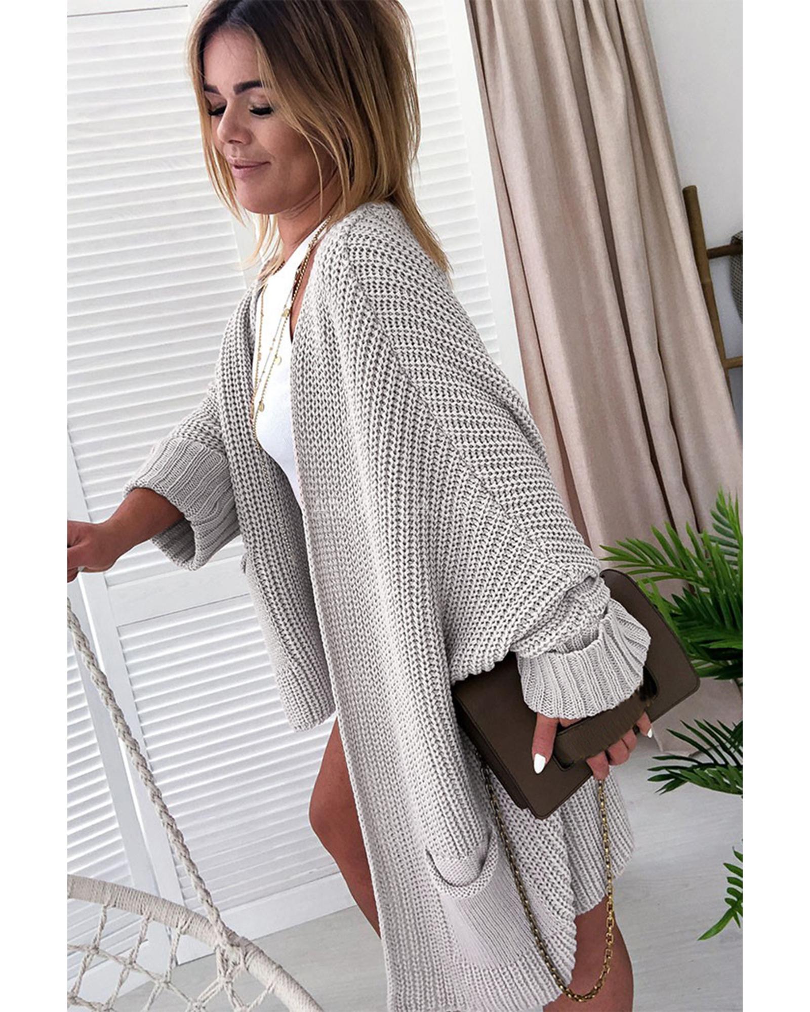 V539-AZEXDC271725-P11-M-202508281040-00 Gray Oversized Fold Over Sleeve Sweater Cardigan - M - Image 1