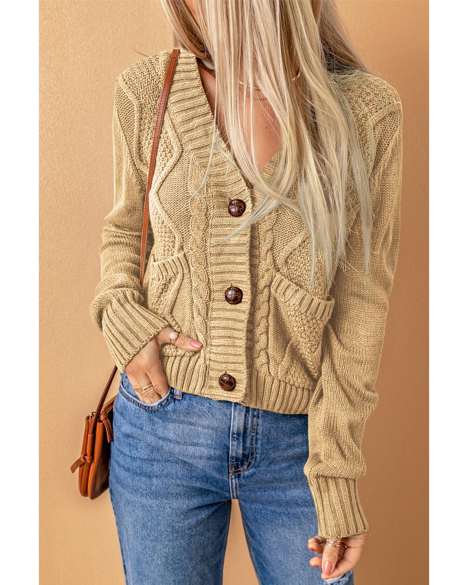 V539-AZEXDC271839-15-2XL-202508282055-00 Azura Exchange Beige Front Pockets Buttons Textured Cardigan - 2XL - Image 1