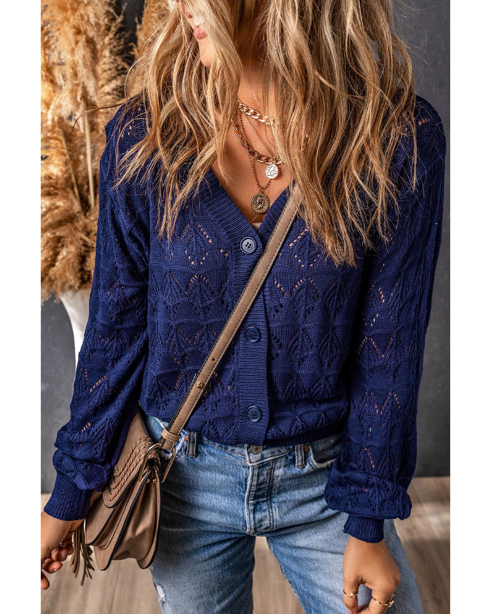 V539-AZEXDC271897-5-L-202508291945-00 Blue Lightweight Buttoned Front Crochet Cardigan - L - Image 1