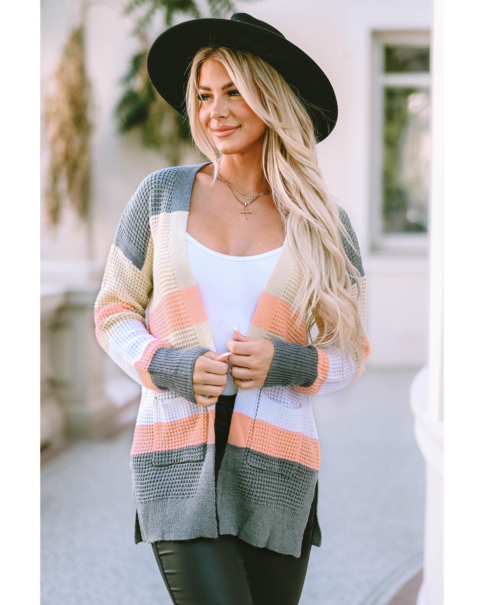 V539-AZEXDC271918-22-XL-202508290220-00 Multicolor Color Block Striped Pocketed Open Cardigan - XL - Image 1