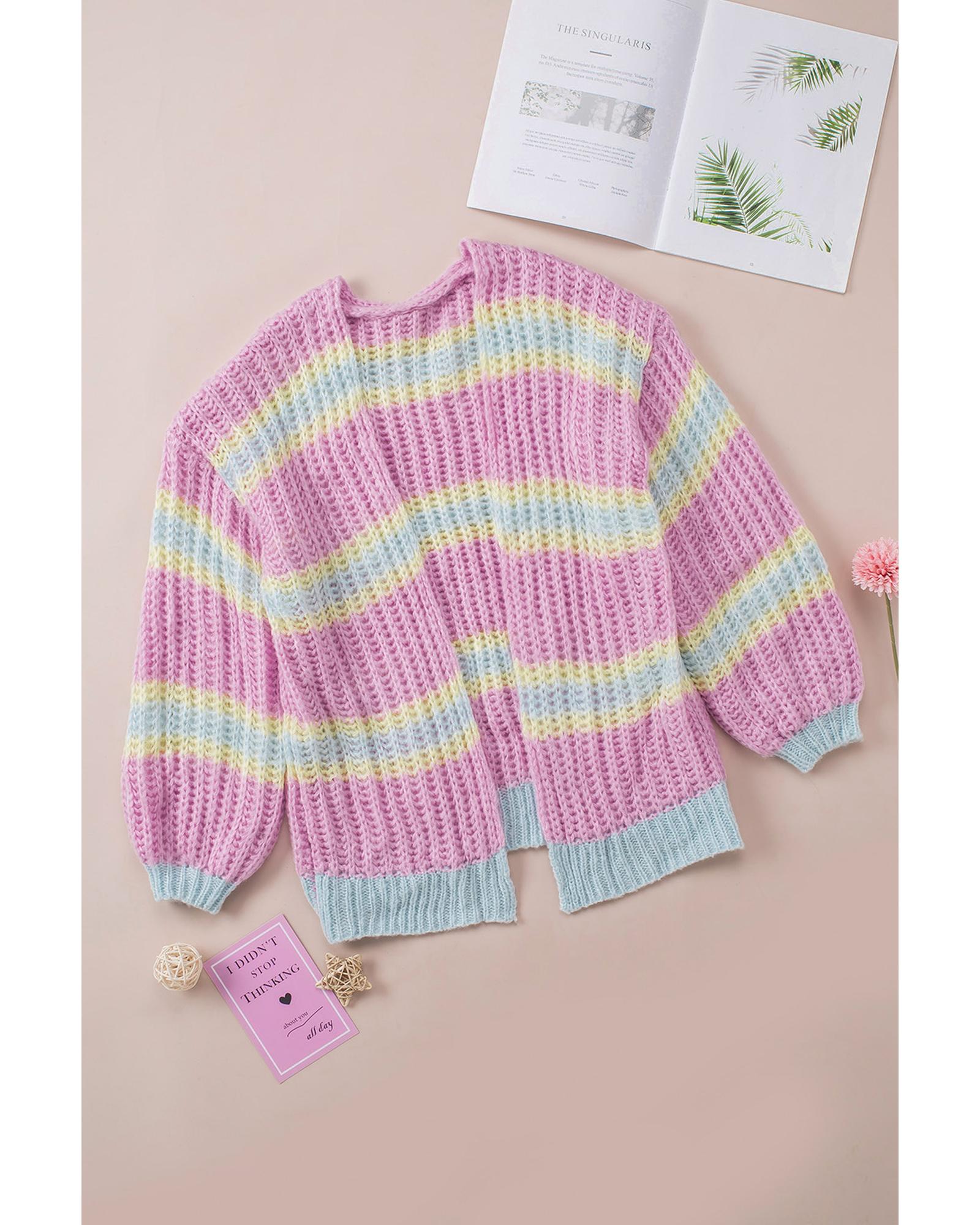V539-AZEXDC271920-10-XL-202508291820-00 Pink Contrast Striped Open Front Cable Cardigan - XL - Image 1