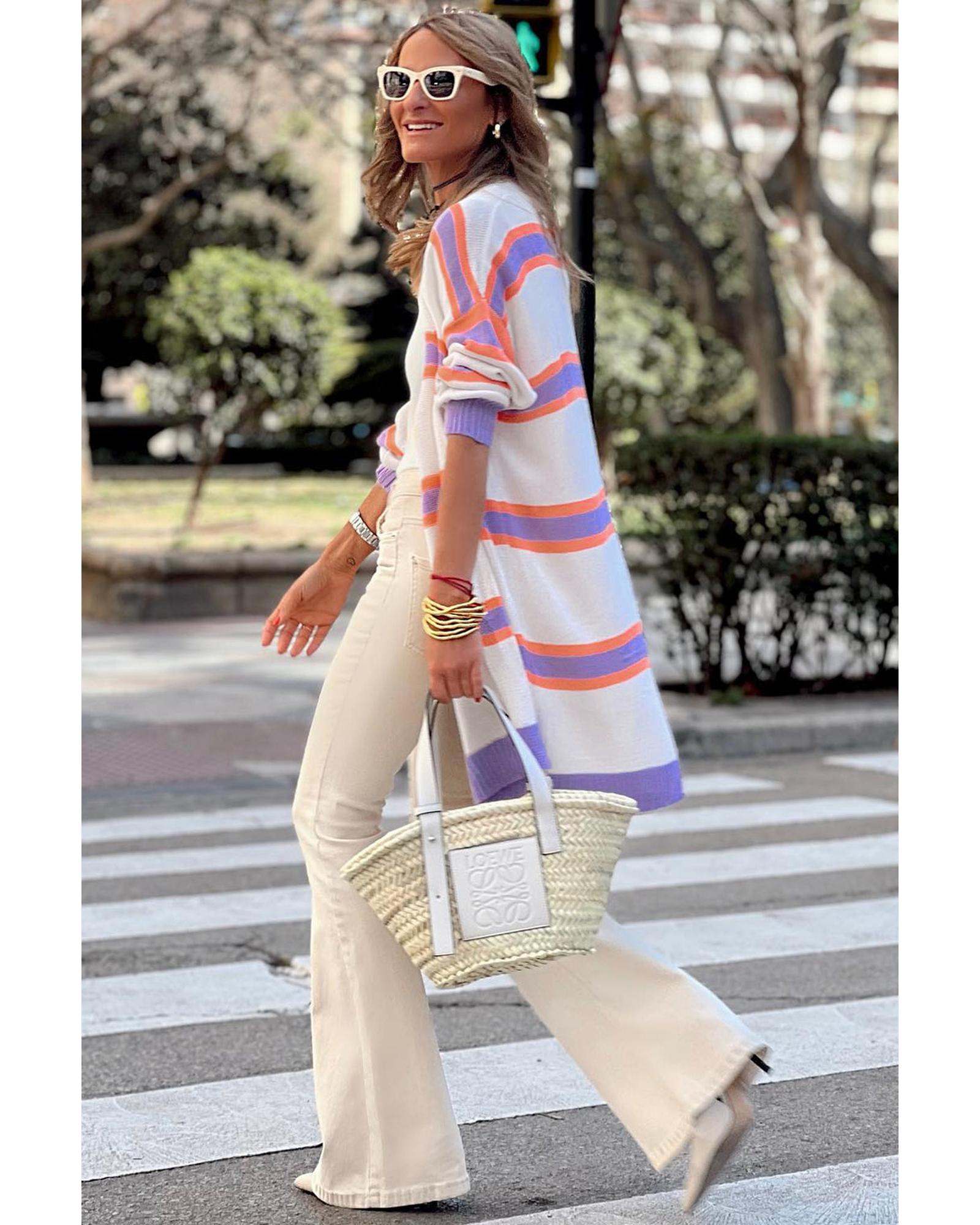 V539-AZEXDC271932-15-M-202508300205-00 Azura Exchange Beige Striped Long Sleeve Ribbed Trim Button Cardigan - M - Image 1