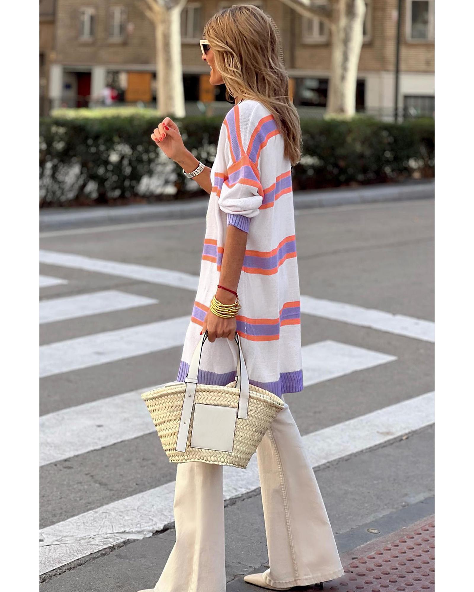 V539-AZEXDC271932-15-XL-202508300510-00 Azura Exchange Beige Striped Long Sleeve Ribbed Trim Button Cardigan - XL - Image 1