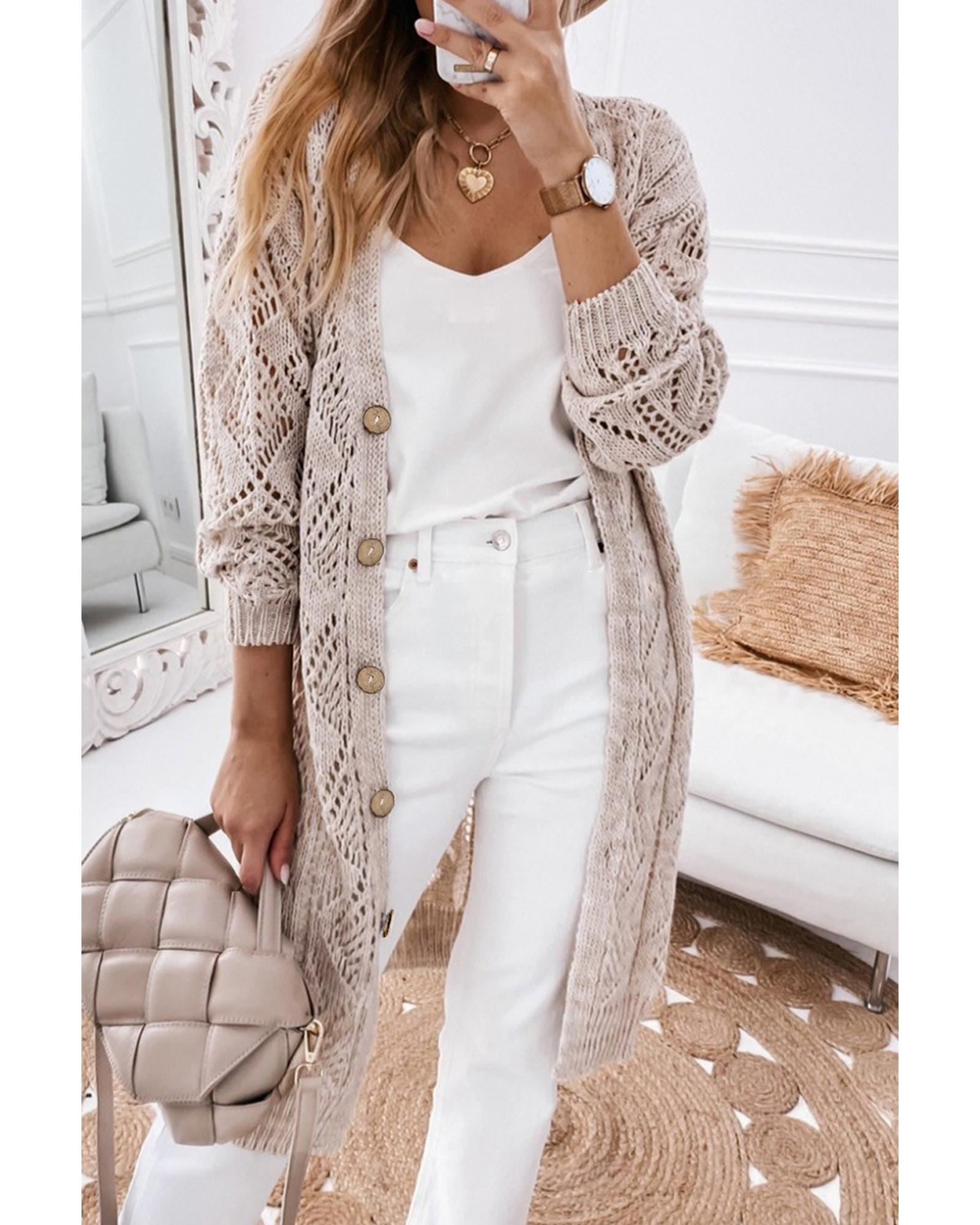 V539-AZEXDC271948-16-2XL-202508300700-00 Azura Exchange Khaki Hollow-out Openwork Knit Cardigan - 2XL - Image 1