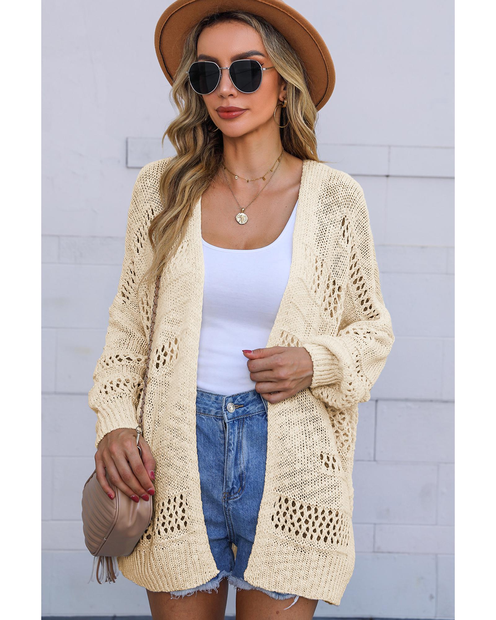 V539-AZEXDC271960-18-S-202506132106-00 Apricot Casual Hollowed Knit Dolman Sleeve Cardigan - S - Image 1