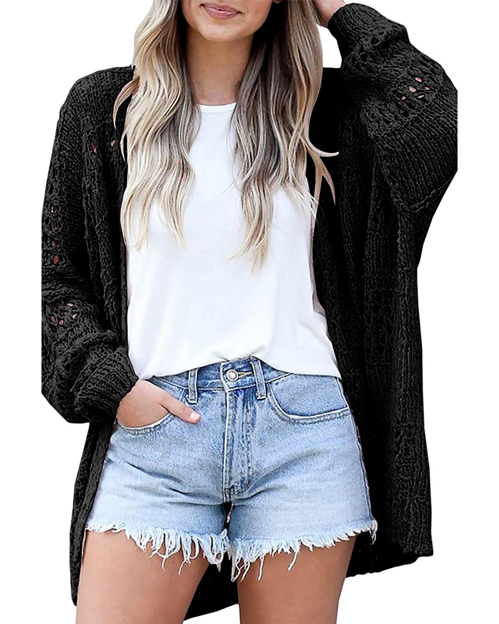 V539-AZEXDC271960-2-M-202508291410-00 Black Casual Hollowed Knit Dolman Sleeve Cardigan - M - Image 1