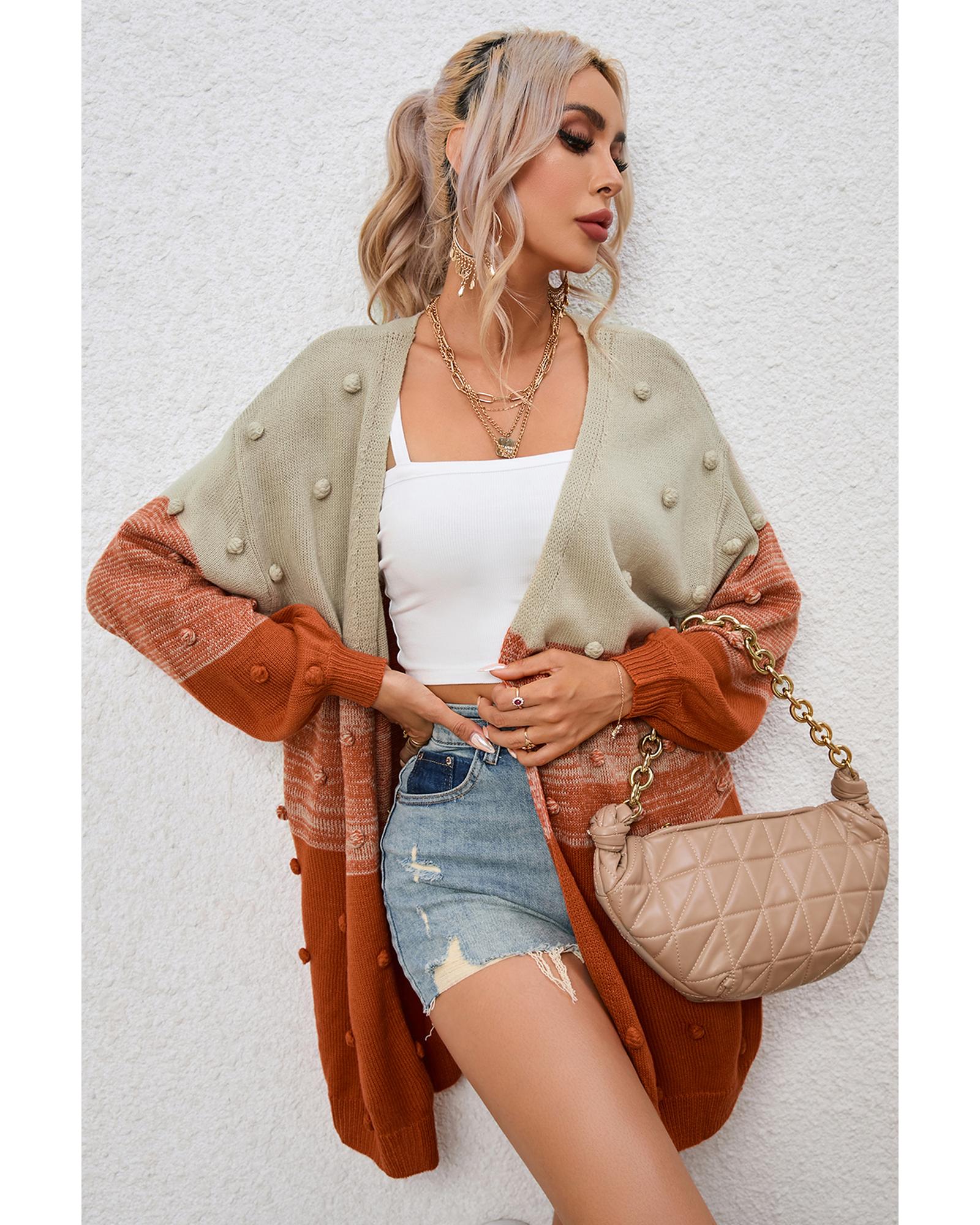 V539-AZEXDC271967-17-L-202508291830-00 Azura Exchange Brown Pompom Color Block Open Front Cardigan - L - Image 1