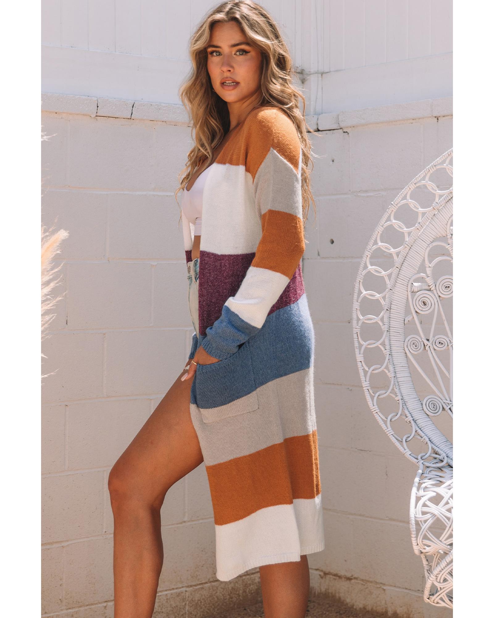 V539-AZEXDC271977-22-S-202506132120-00 Azura Exchange Multicolor Colorblock Open Front Long Knit Cardigan - S - Image 1