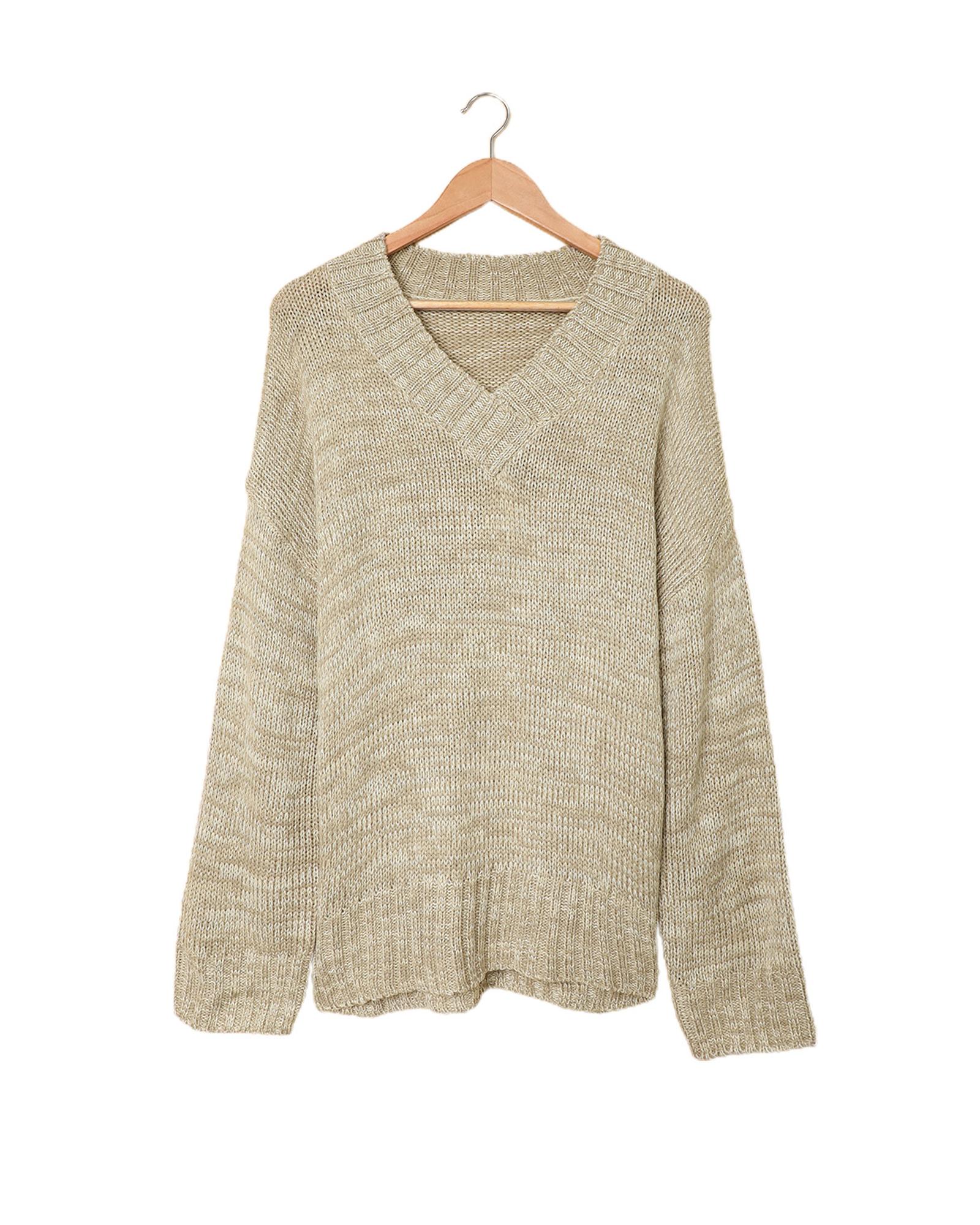 V539-AZEXDC2721139-11-S-202506132136-00 Gray V neck Drop Shoulder Knitted Sweater - S - Image 1