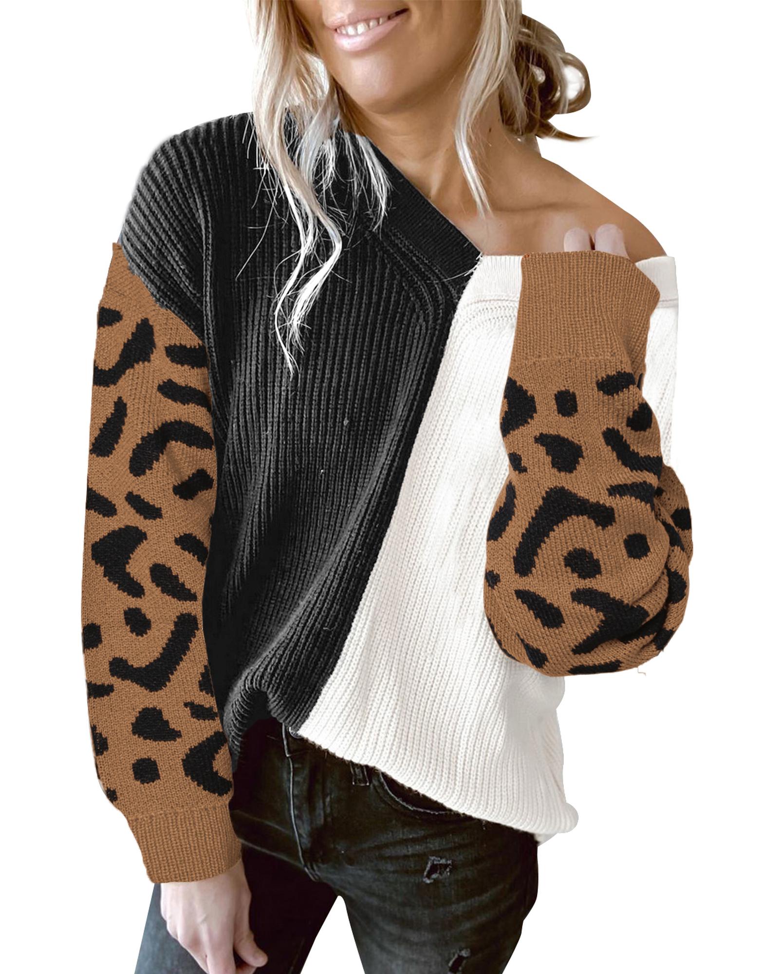 V539-AZEXDC2721180-20-M-202508280330-00 Azura Exchange Leopard Print Contrast Color V Neck Sweater - M - Image 1