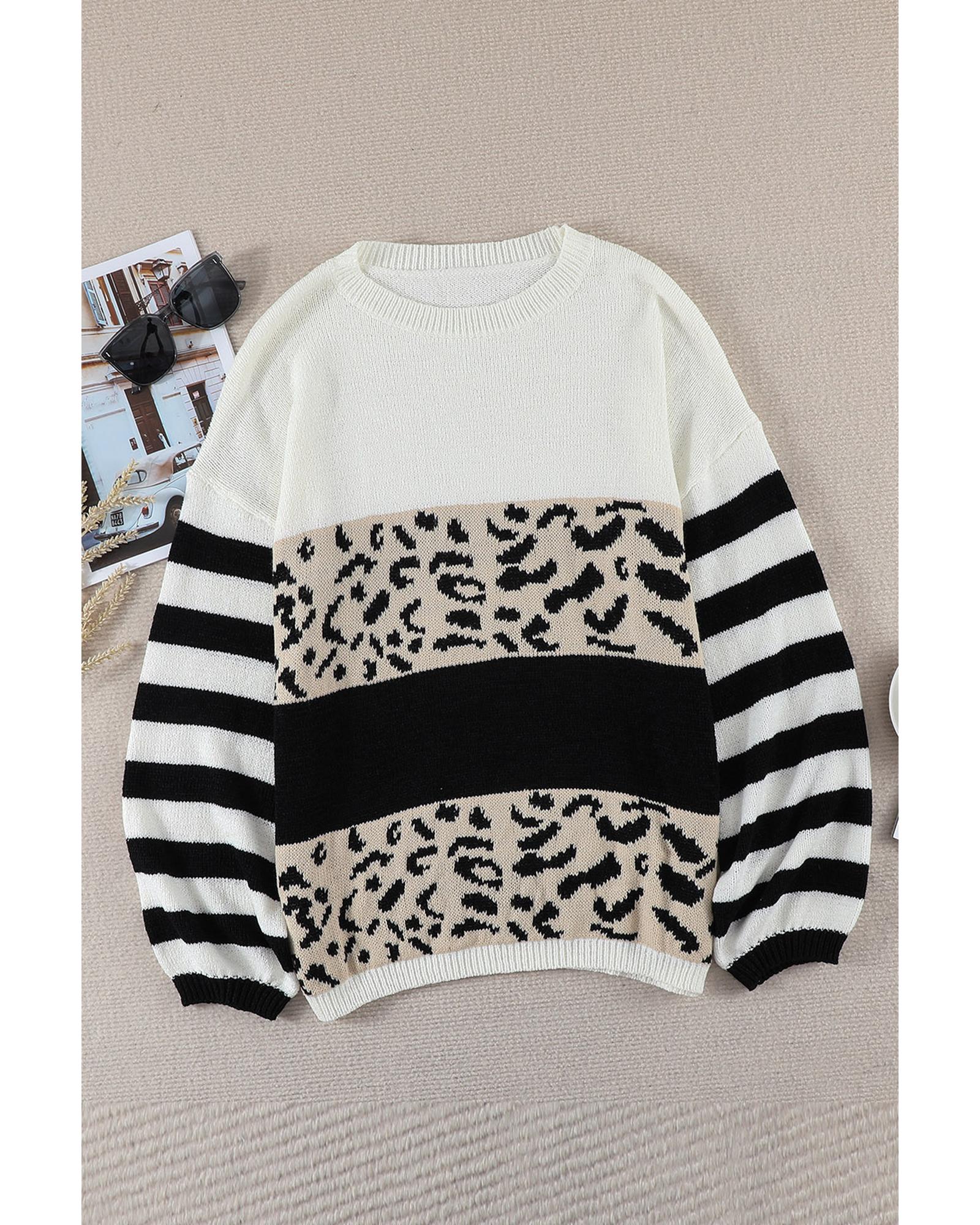 V539-AZEXDC2721443-1-XL-202508281535-00 Slouchy Drop-shoulder Leopard Striped Colorblock Sweater - XL - Image 1