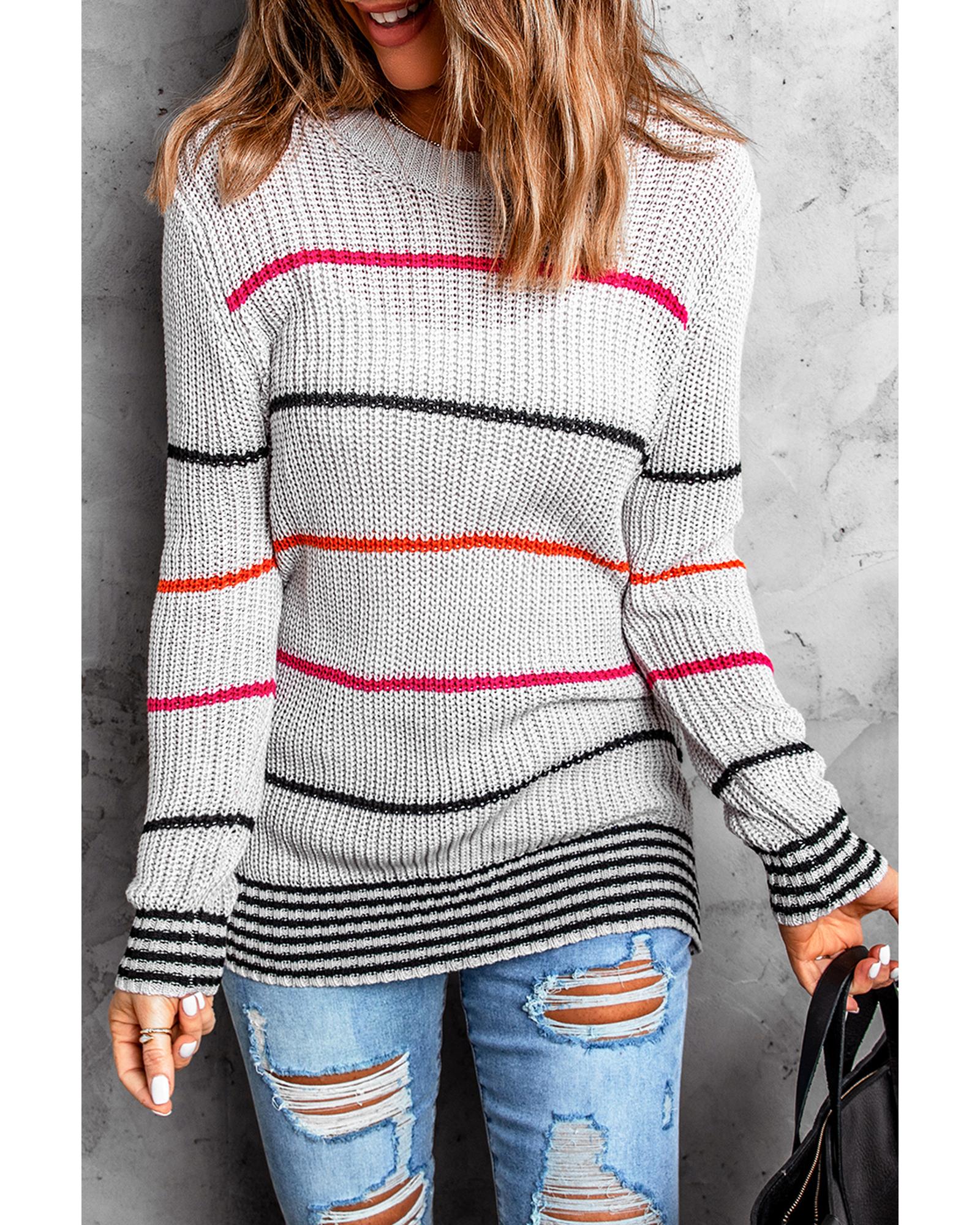 V539-AZEXDC2721559-11-XL-202508291645-00 Gray Ribbed Knit Striped Sweater - XL - Image 1