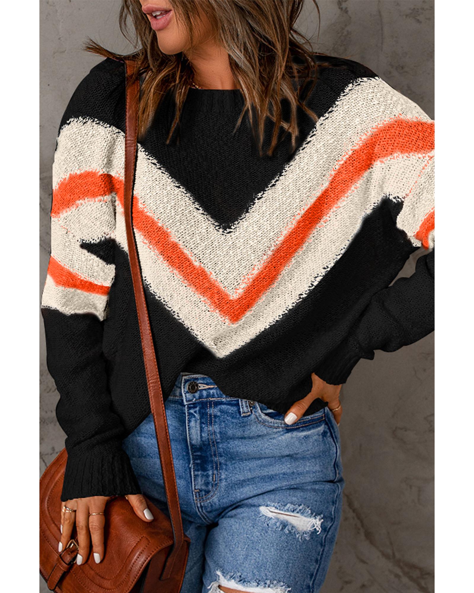 V539-AZEXDC2722180-P2-L-202508300645-00 Black Chevron Striped Drop Shoulder Sweater - L - Image 1