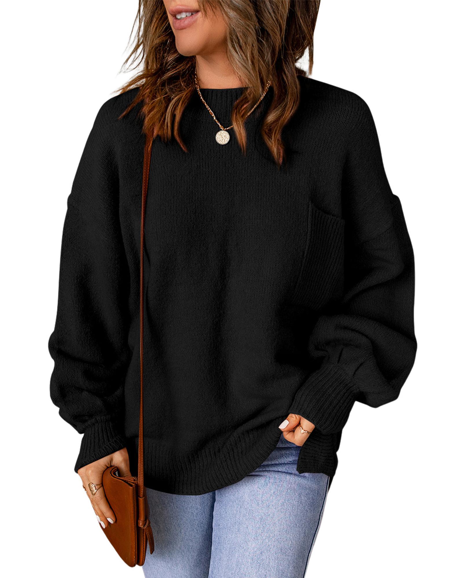 V539-AZEXDC2722197-P2-XL-202508290140-00 Black Solid Color Puffy Sleeve Pocketed Sweater - XL - Image 1