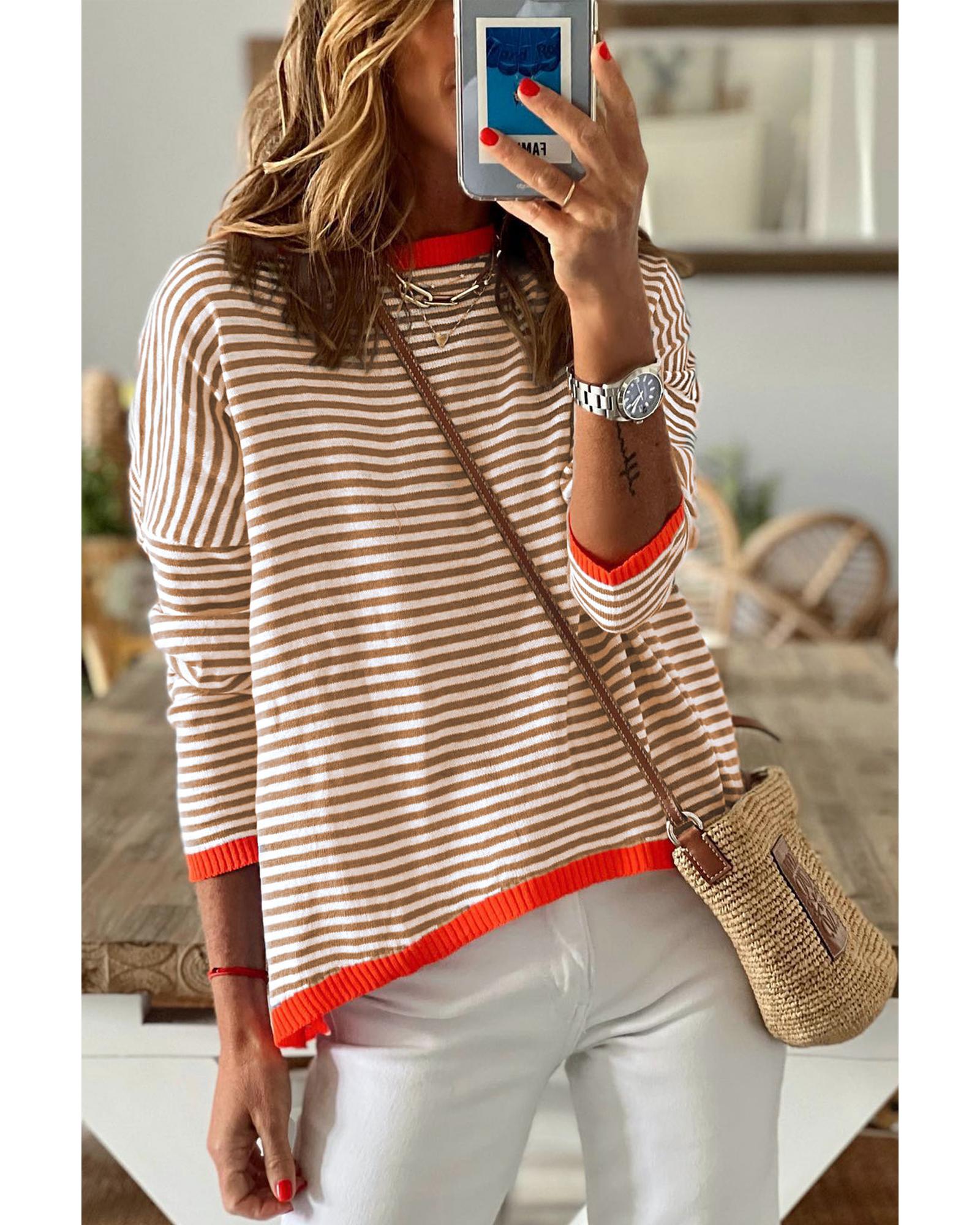 V539-AZEXDC2722270-17-S-202506131842-00 Brown Contrast Trimmed Striped Drop Shoulder Sweater - S - Image 1