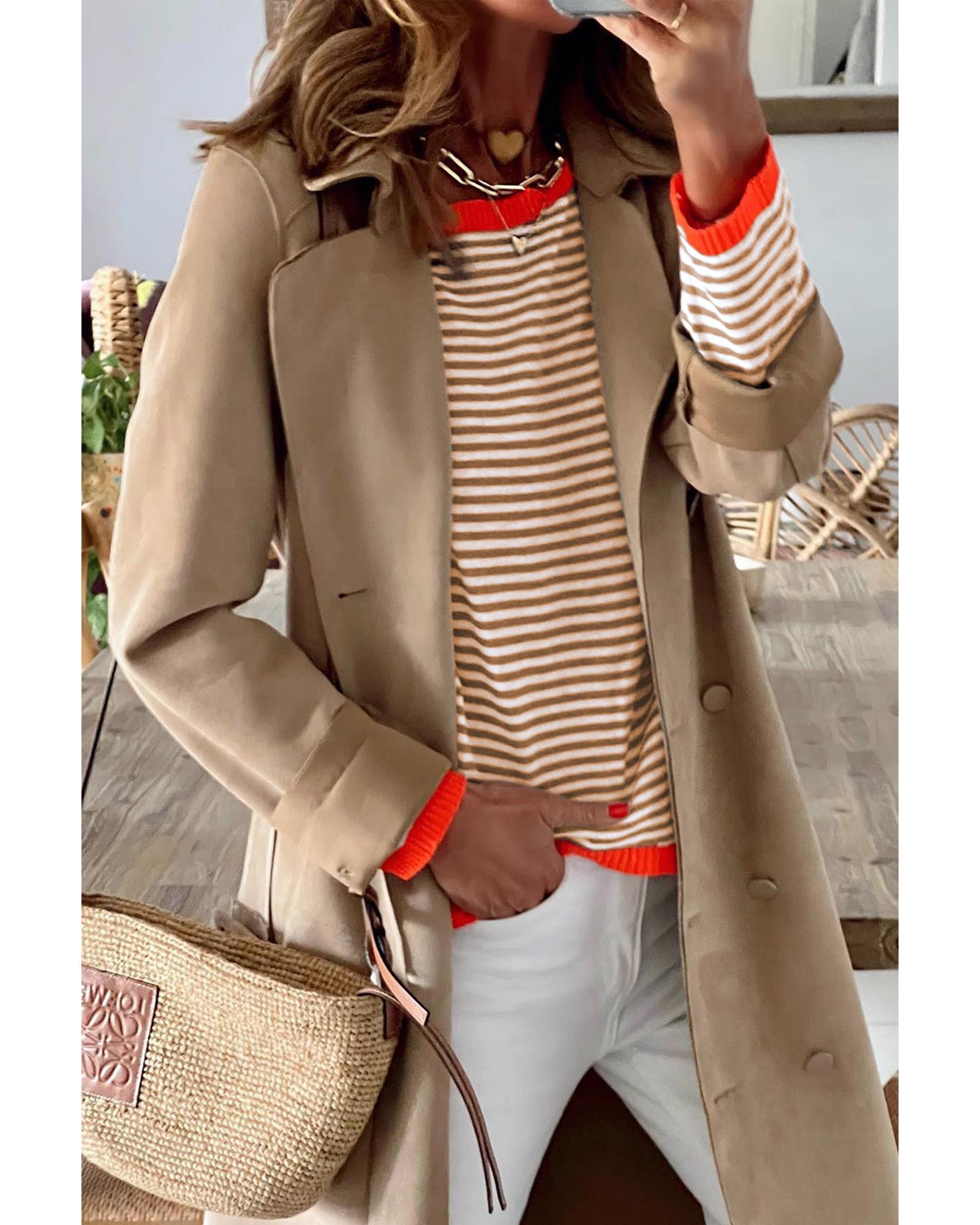 Brown Contrast Trimmed Striped Drop Shoulder Sweater - XL