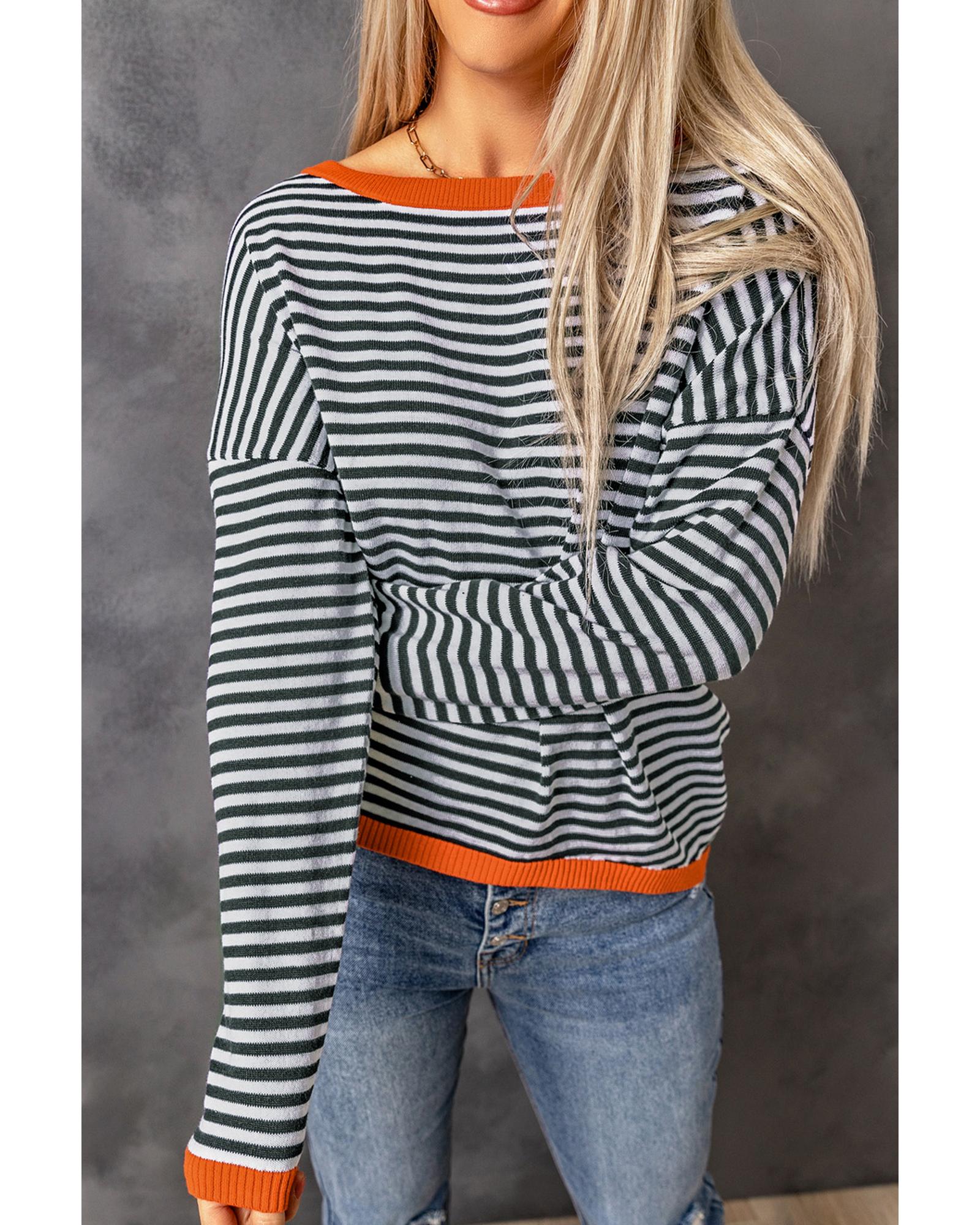 Contrast Trimmed Striped Drop Shoulder Sweater - M