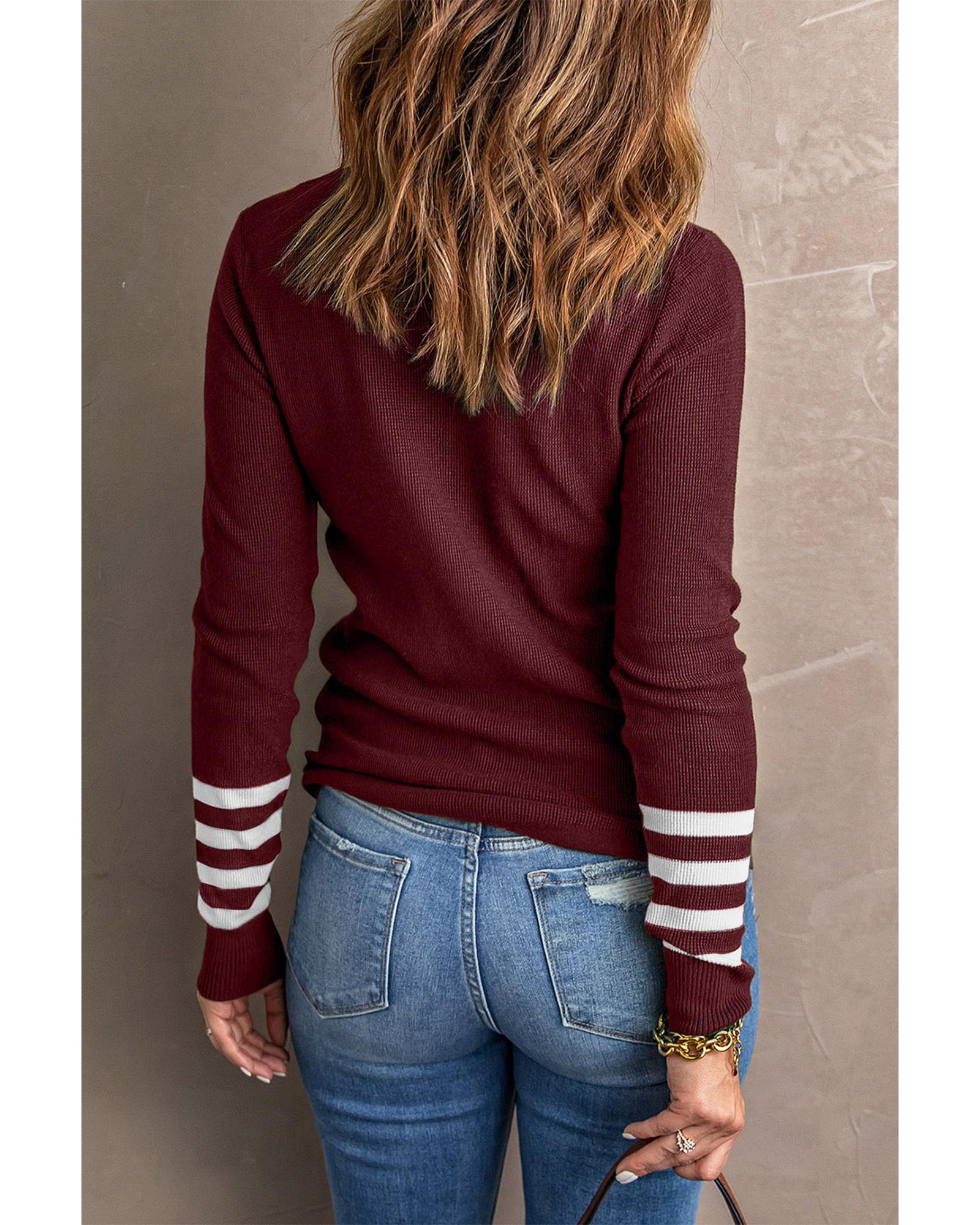 V539-AZEXDC2722274-3-XL-202508300525-00 Azura Exchange Red Striped Sleeve Plain Knit Sweater - XL - Image 1