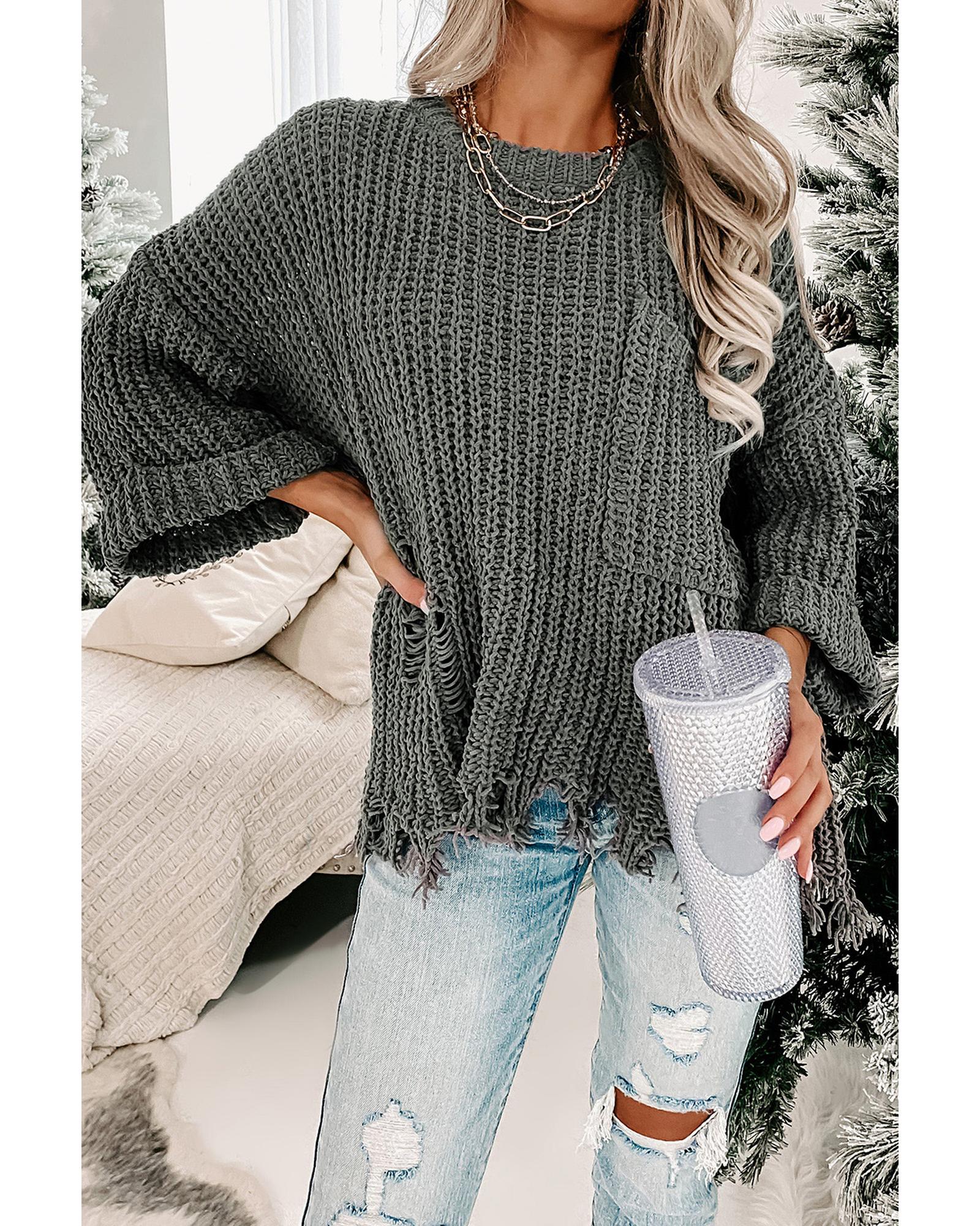 Gray Ripped Raw Hem Chunky Pullover Sweater - L