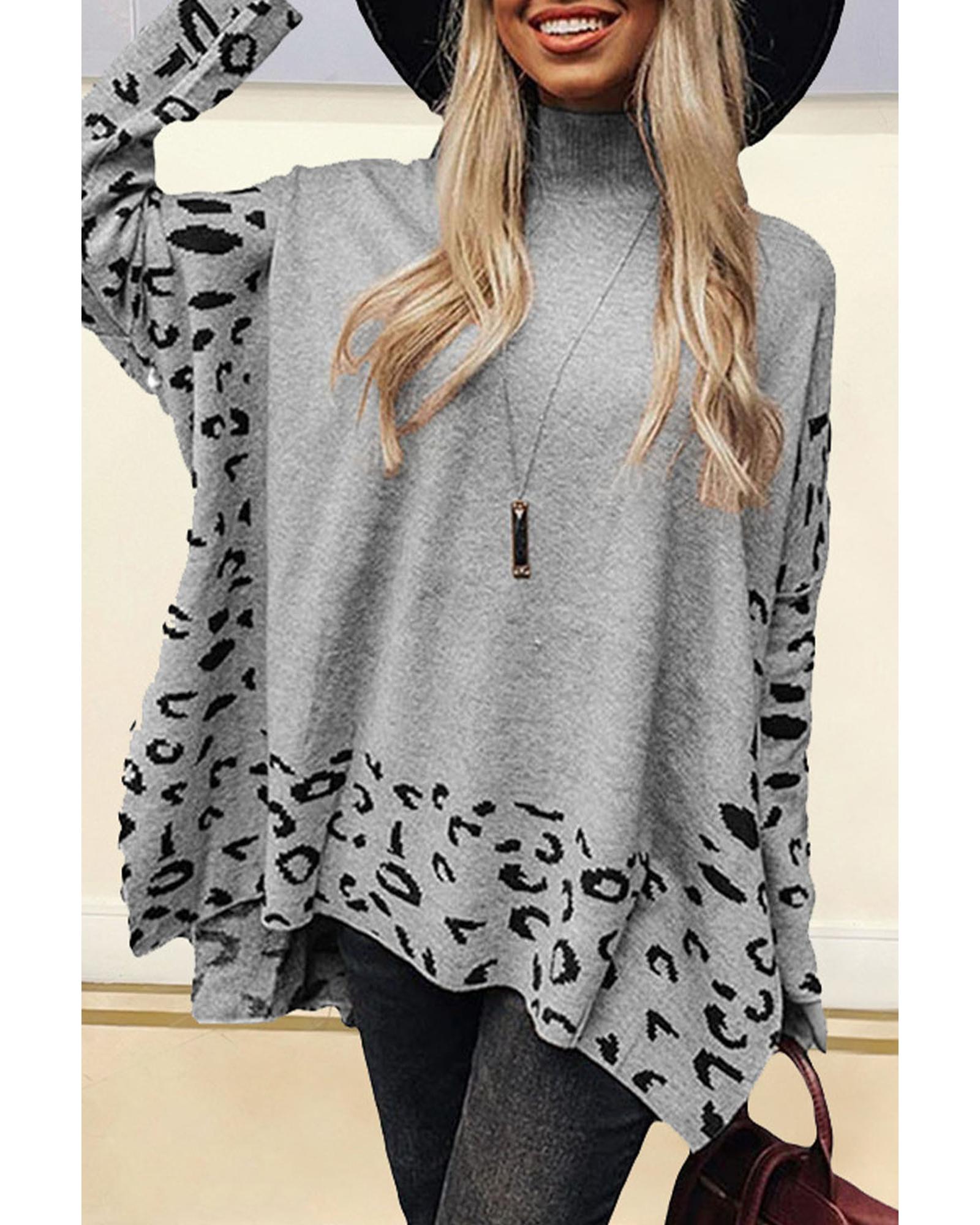 V539-AZEXDC2722386-11-M-202508281745-00 Gray Leopard High Neck Side Slit Oversized Sweater - M - Image 1