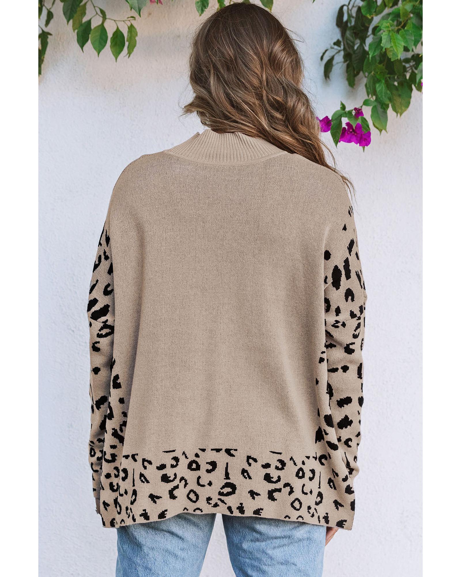 V539-AZEXDC2722386-16-S-202508290220-00 Khaki Leopard High Neck Side Slit Oversized Sweater - S - Image 1