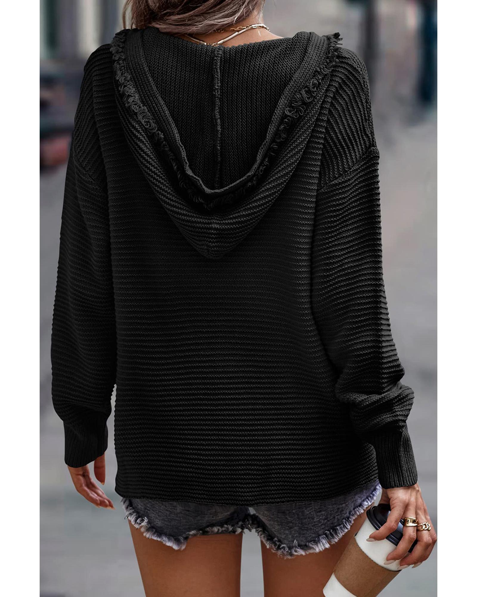 V539-AZEXDC2722612-2-M-202508281410-00 Black V Neck Ribbed Drop Shoulder Hooded Sweater - M - Image 1
