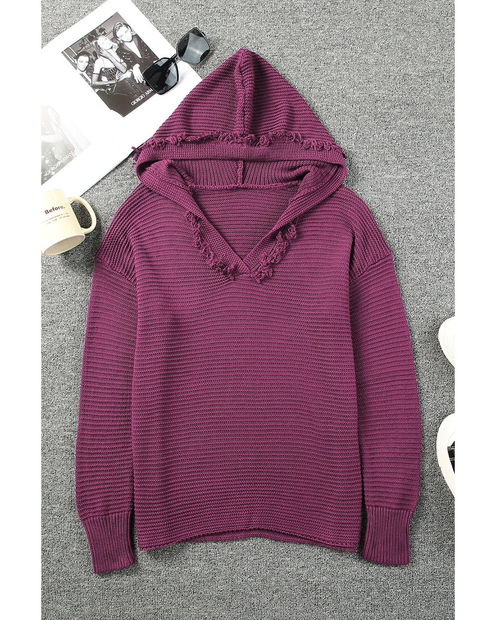 V539-AZEXDC2722612-3-S-202506131937-00 V Neck Ribbed Drop Shoulder Hooded Sweater - S - Image 1