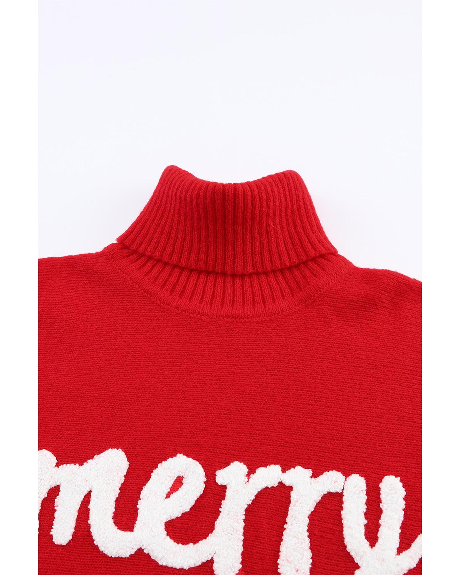 V539-AZEXDC2722817-3-S-202506131947-00 Azura Exchange Red Merry Letter Embroidered High Neck Sweater - S - Image 1