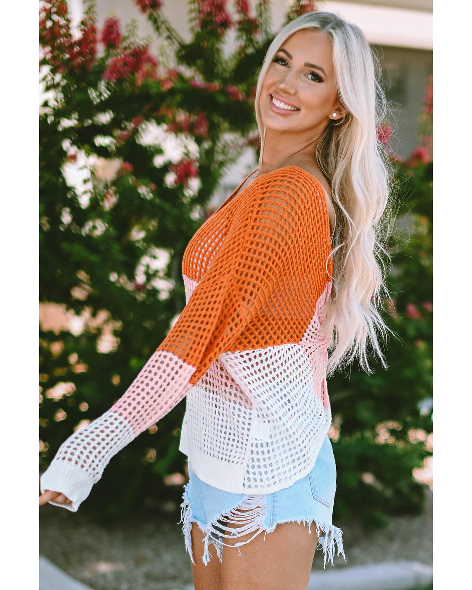 V539-AZEXDC2722903-22-M-202508290825-00 Azura Exchange Eyelet Knit Top with Twisted Back and Color Block Design - M - Image 1