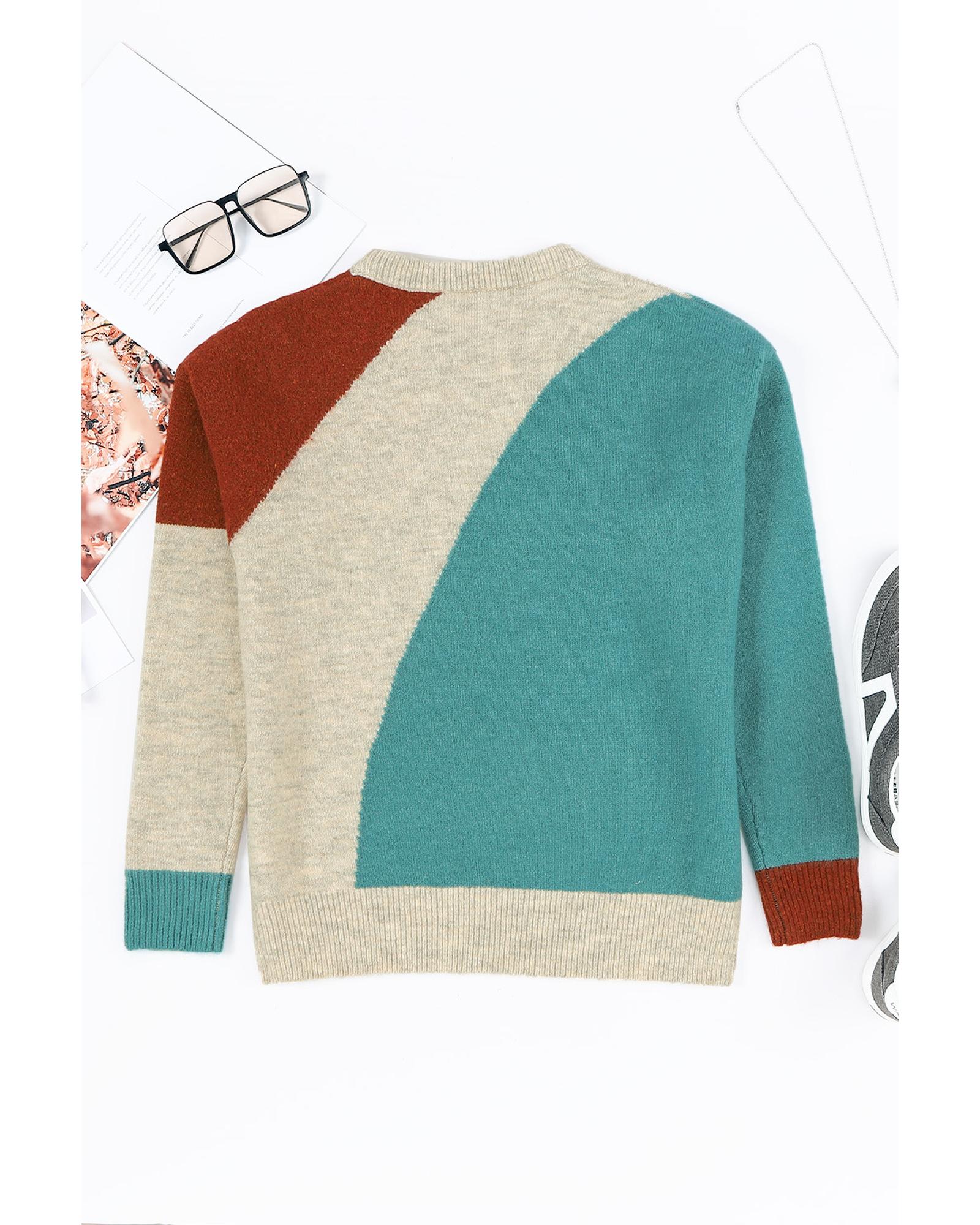 V539-AZEXDC2722952-22-L-202508280535-00 Multicolor Colorblock Ribbed Trim Round Neck Sweater - L - Image 1