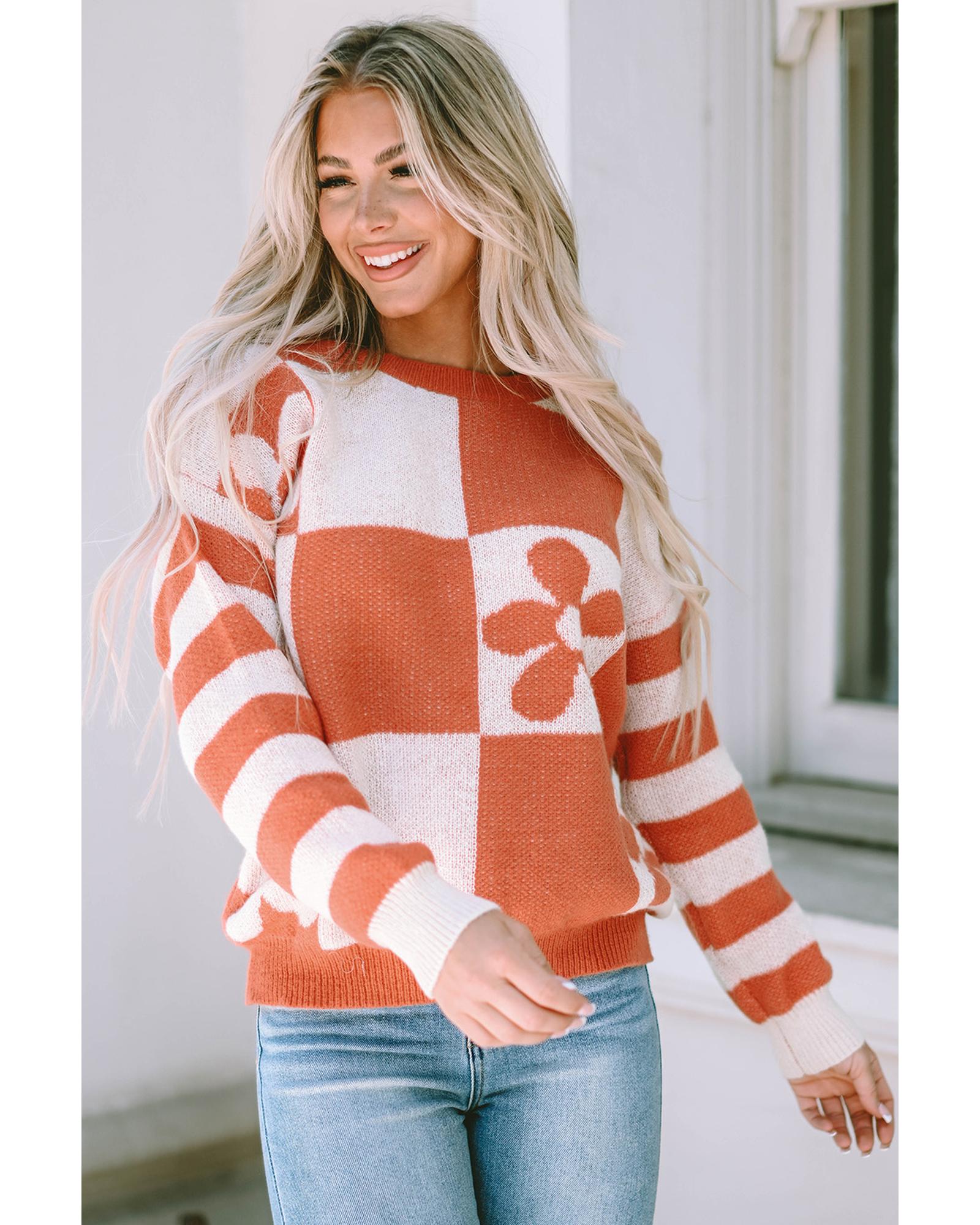 V539-AZEXDC2722989-17-XL-202508280330-00 Brown Checkered Floral Print Striped Sleeve Sweater - XL - Image 1