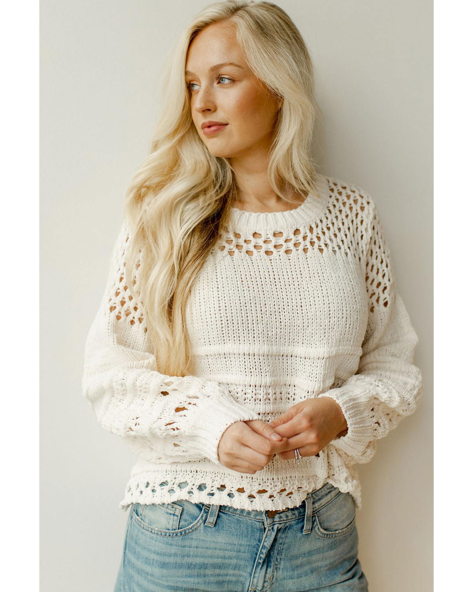 White Solid Color Pointelle Knit Puff Sleeve Sweater - 2XL