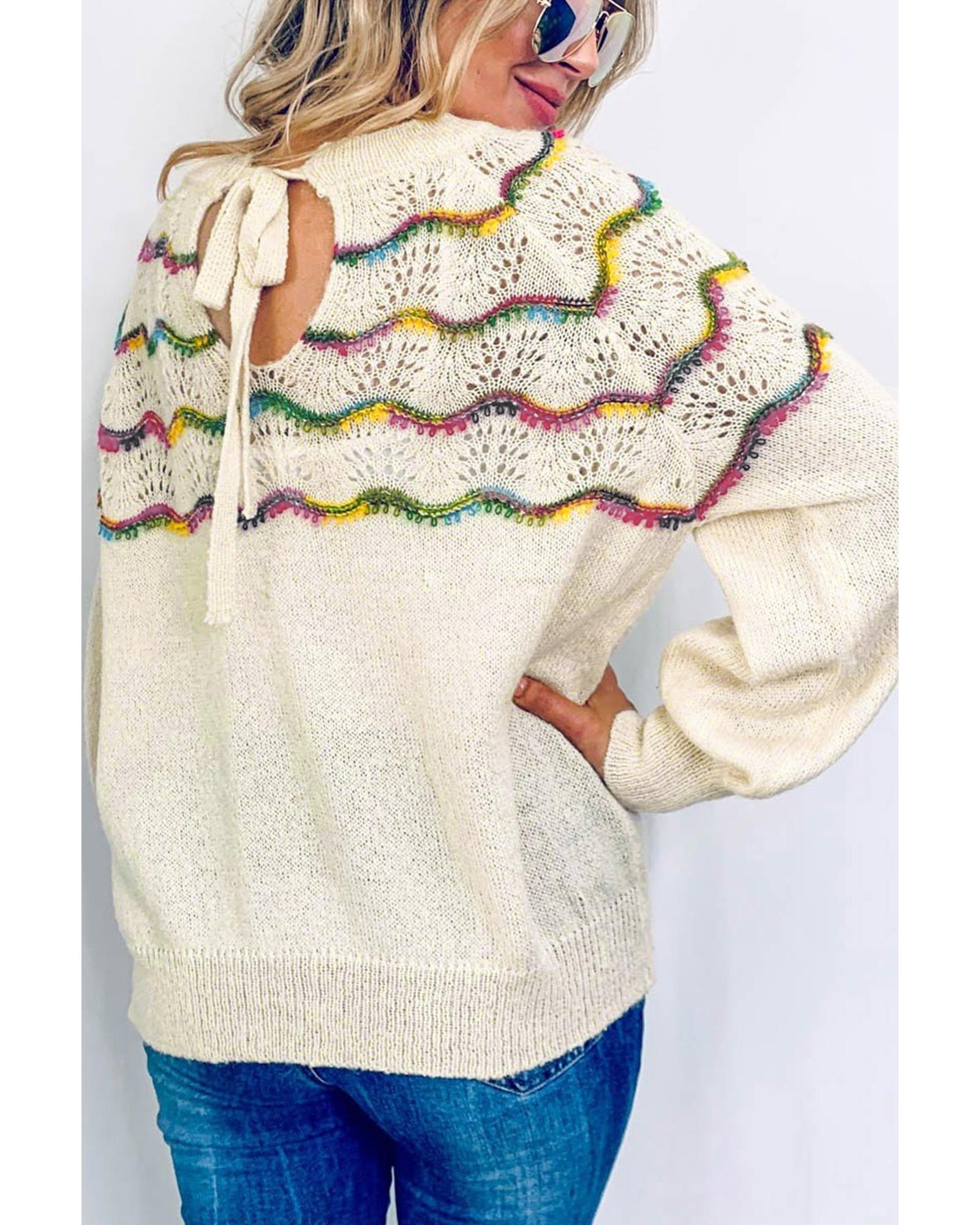 V539-AZEXDC2723029-1-L-202508281340-00 White Wavy Striped Pointelle Bishop Sleeve Sweater - L - Image 1
