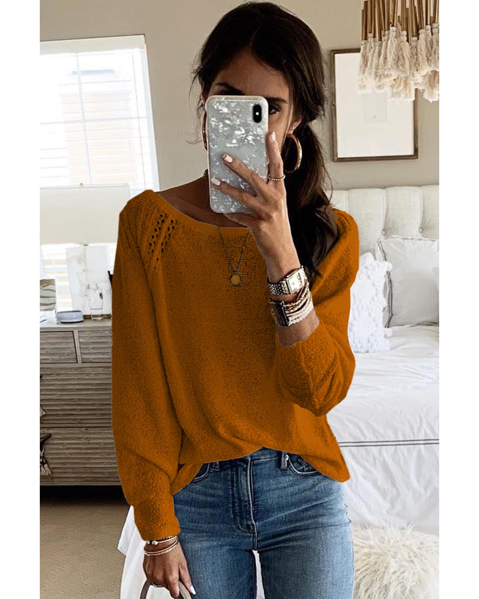 V539-AZEXDC2723037-17-L-202506132107-00 Brown Long Sleeve Cutout Shoulder Relaxed Sweater - L - Image 1