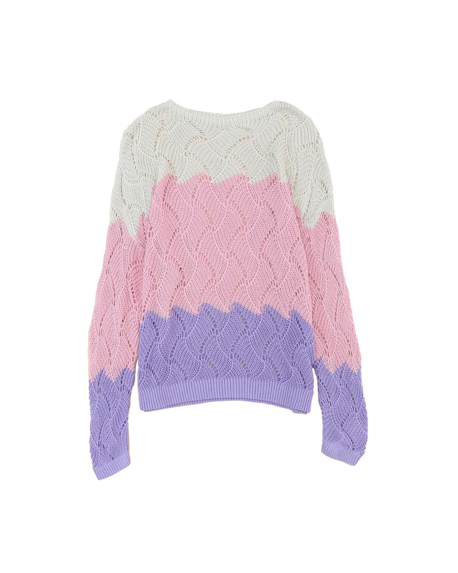 V539-AZEXDC2723066-10-M-202508291325-00 Pink Color Block Hollow Knitted Loose Sweater - M - Image 1