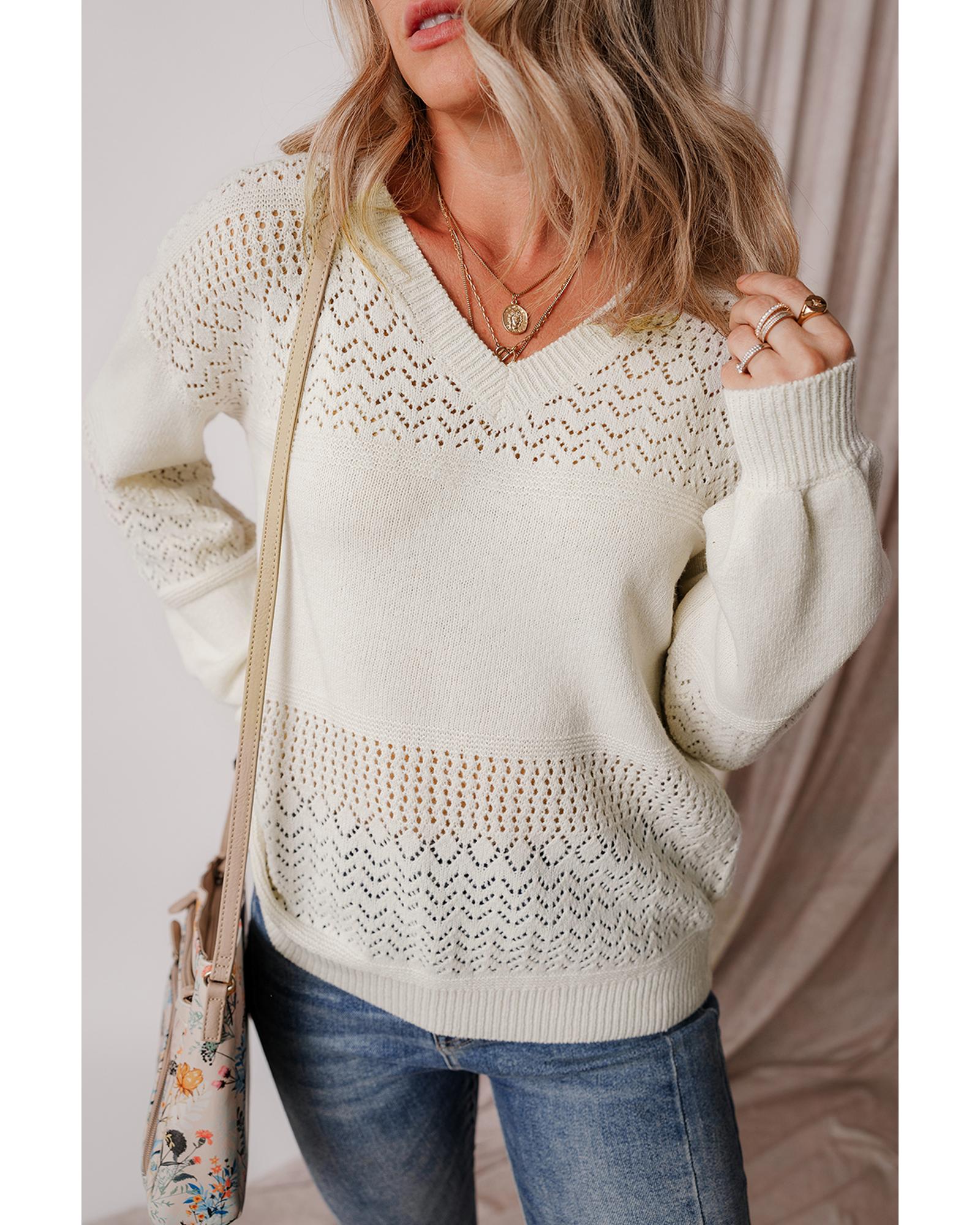 V539-AZEXDC2723137-1-L-202508300450-00 White Eyelet Pattern Detail V Neck Drop Shoulder Sweater - L - Image 1