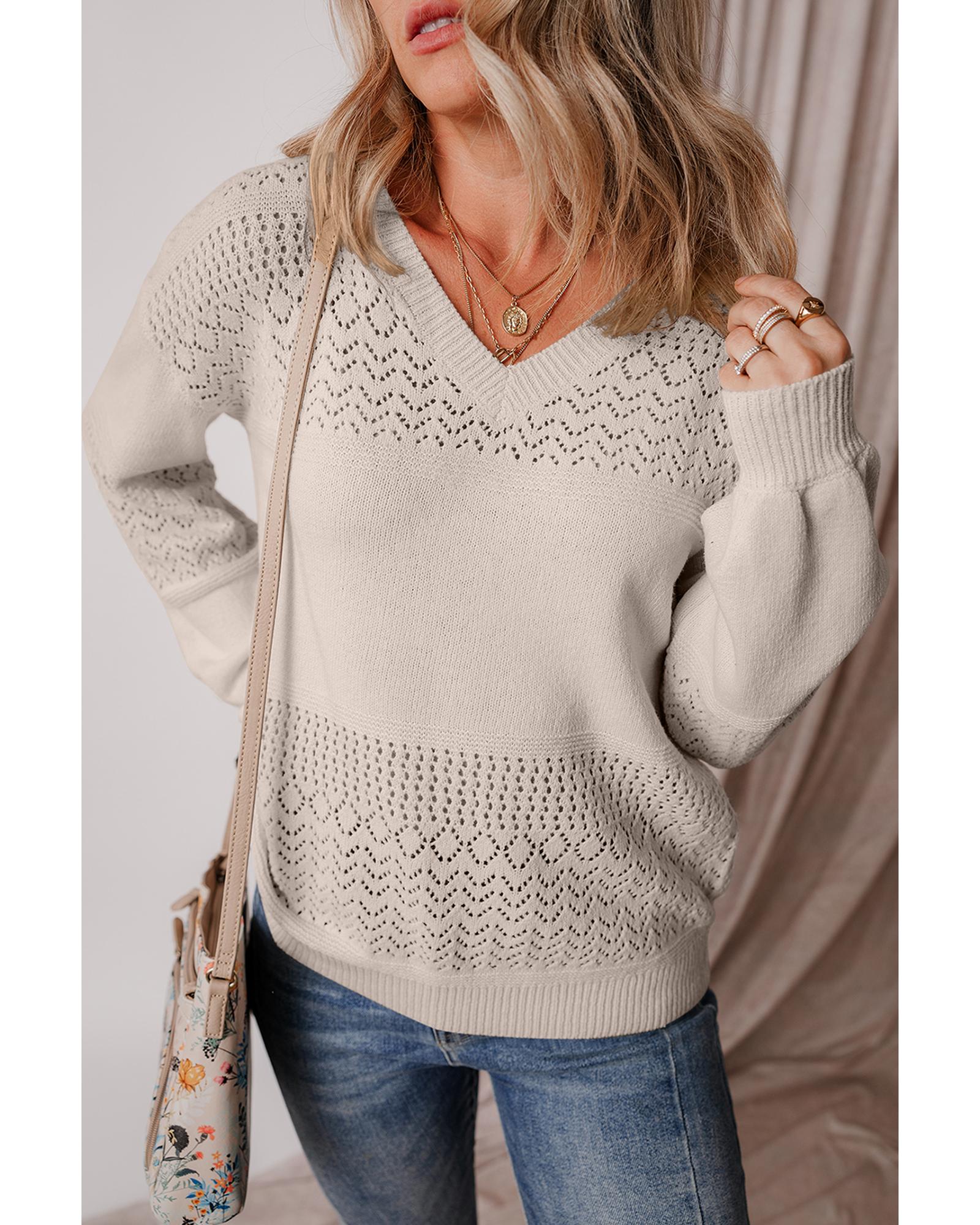 V539-AZEXDC2723137-17-2XL-202508280300-00 Brown Eyelet Pattern Detail V Neck Drop Shoulder Sweater - 2XL - Image 1