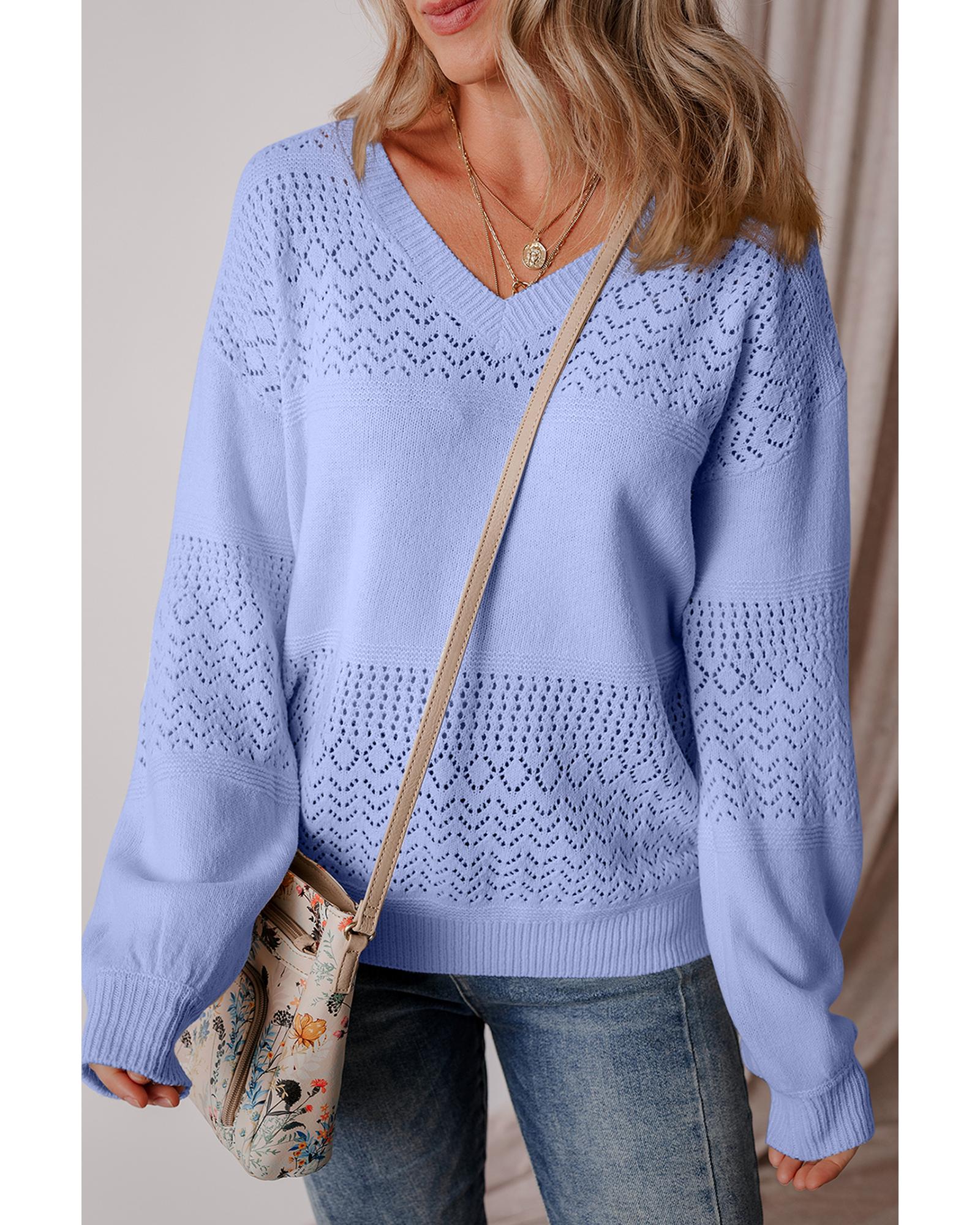 V539-AZEXDC2723137-P304-M-202508290110-00 Sky Blue Eyelet Pattern Detail V Neck Drop Shoulder Sweater - M - Image 1