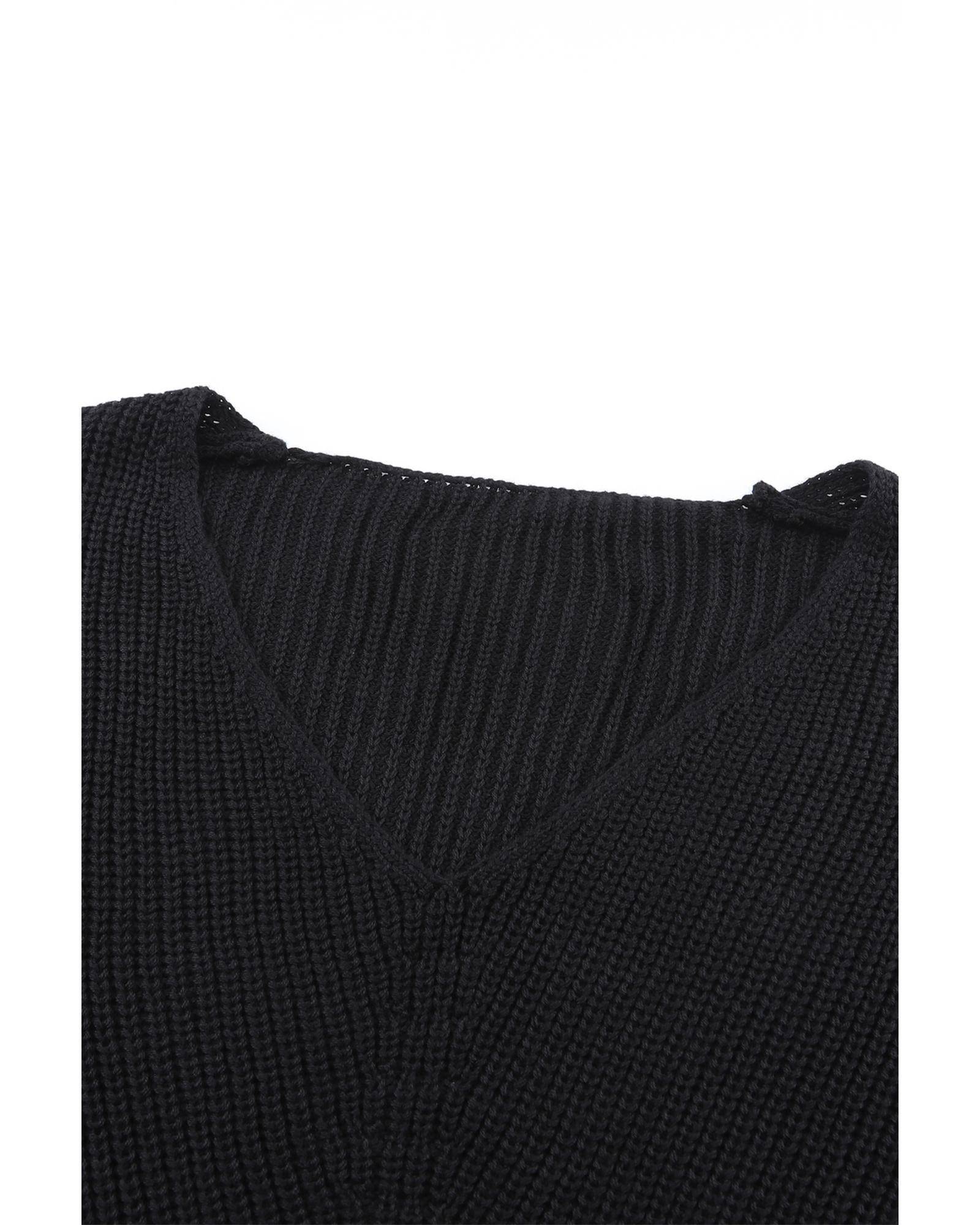 V539-AZEXDC2723165-2-XL-202508291810-00 Black Ribbed Knit V Neck Sweater - XL - Image 1