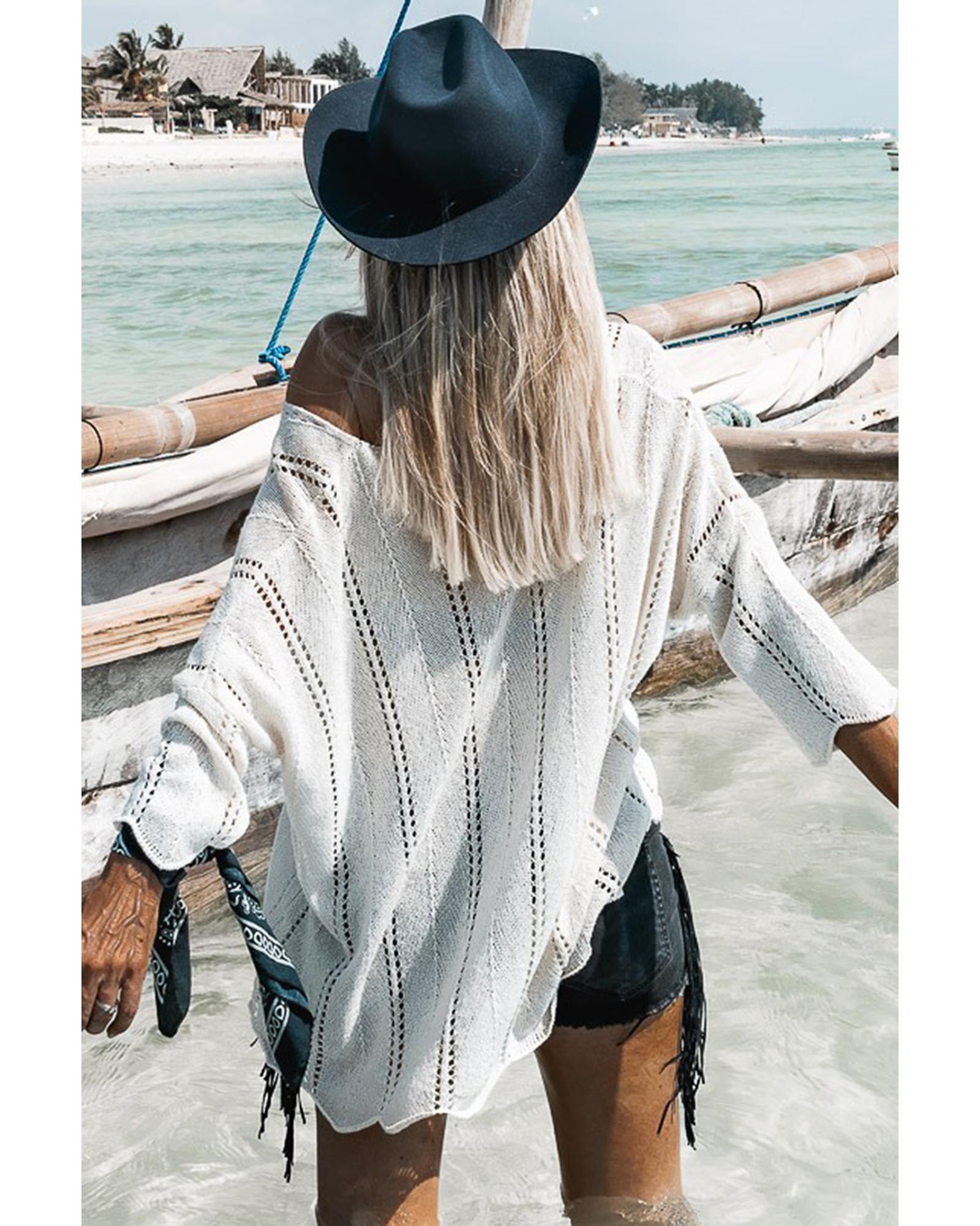 V539-AZEXDC2723167-1-S-202506132216-00 White Hollowed Detail Knitted Loose V Neck Sweater - S - Image 1