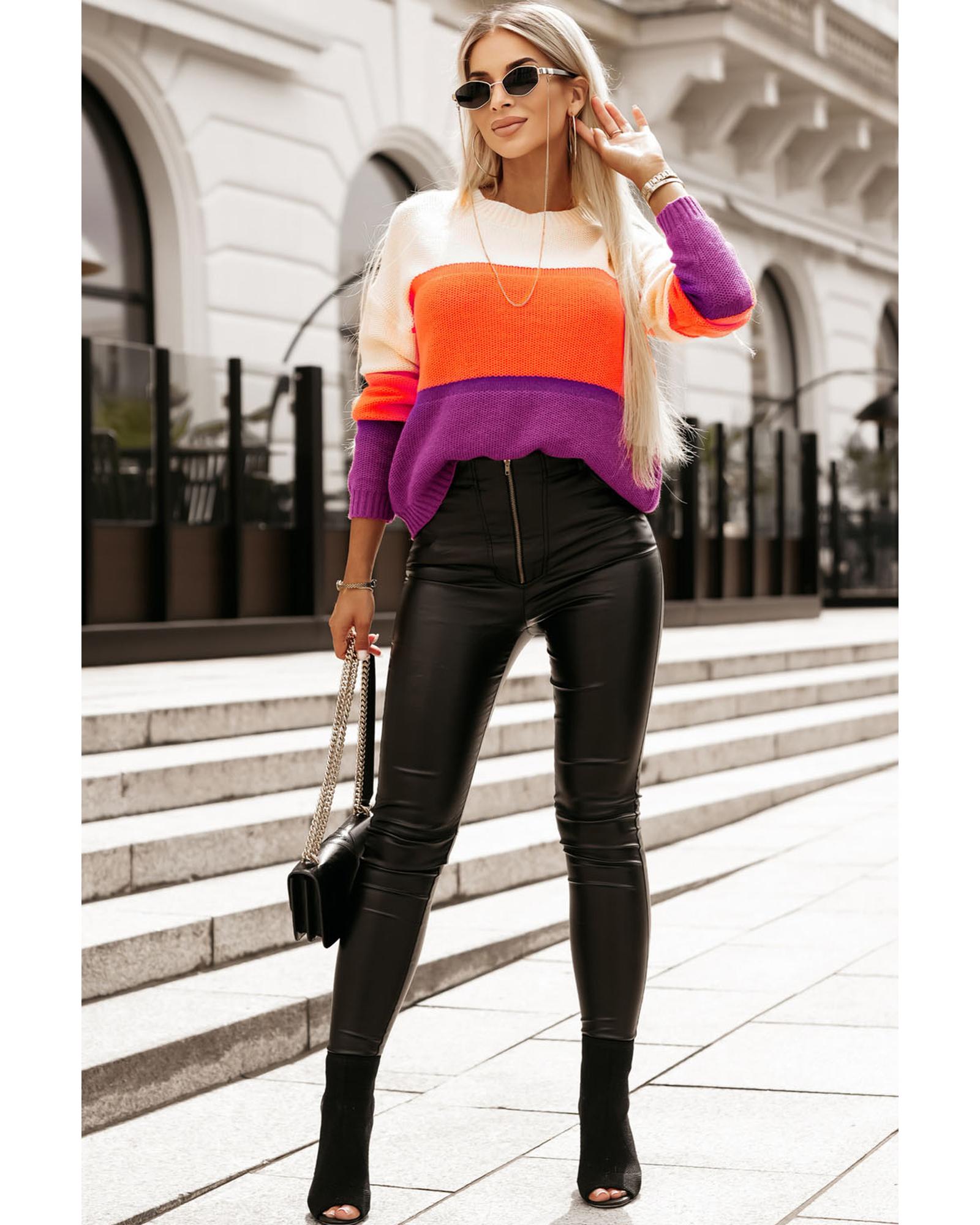V539-AZEXDC2723194-22-XL-202508300655-00 Azura Exchange Multicolor Color Block Drop Shoulder Round Neck Knit Sweater - XL - Image 1